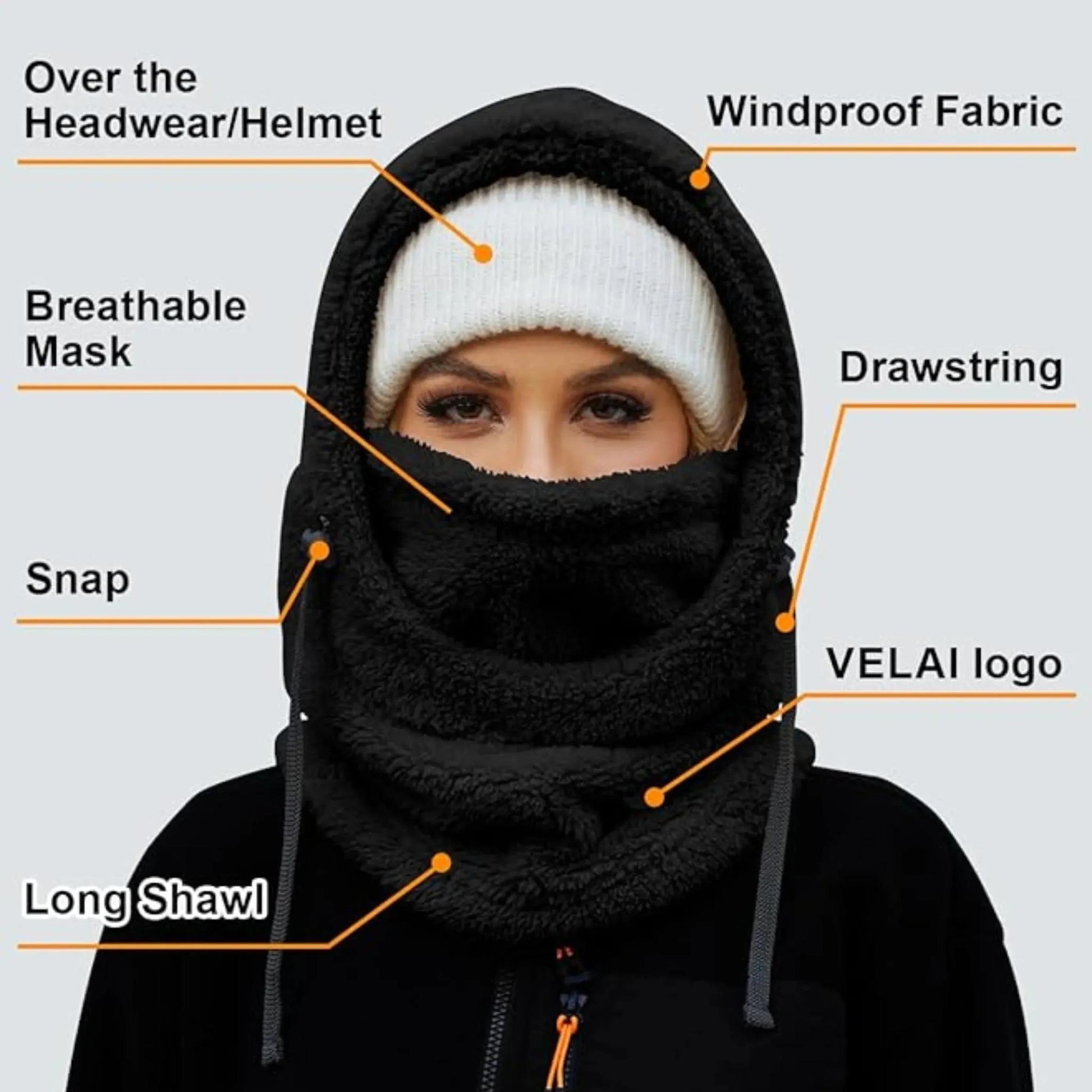 Black fleece-lined hooded beanie scarf with labeled features on a model.