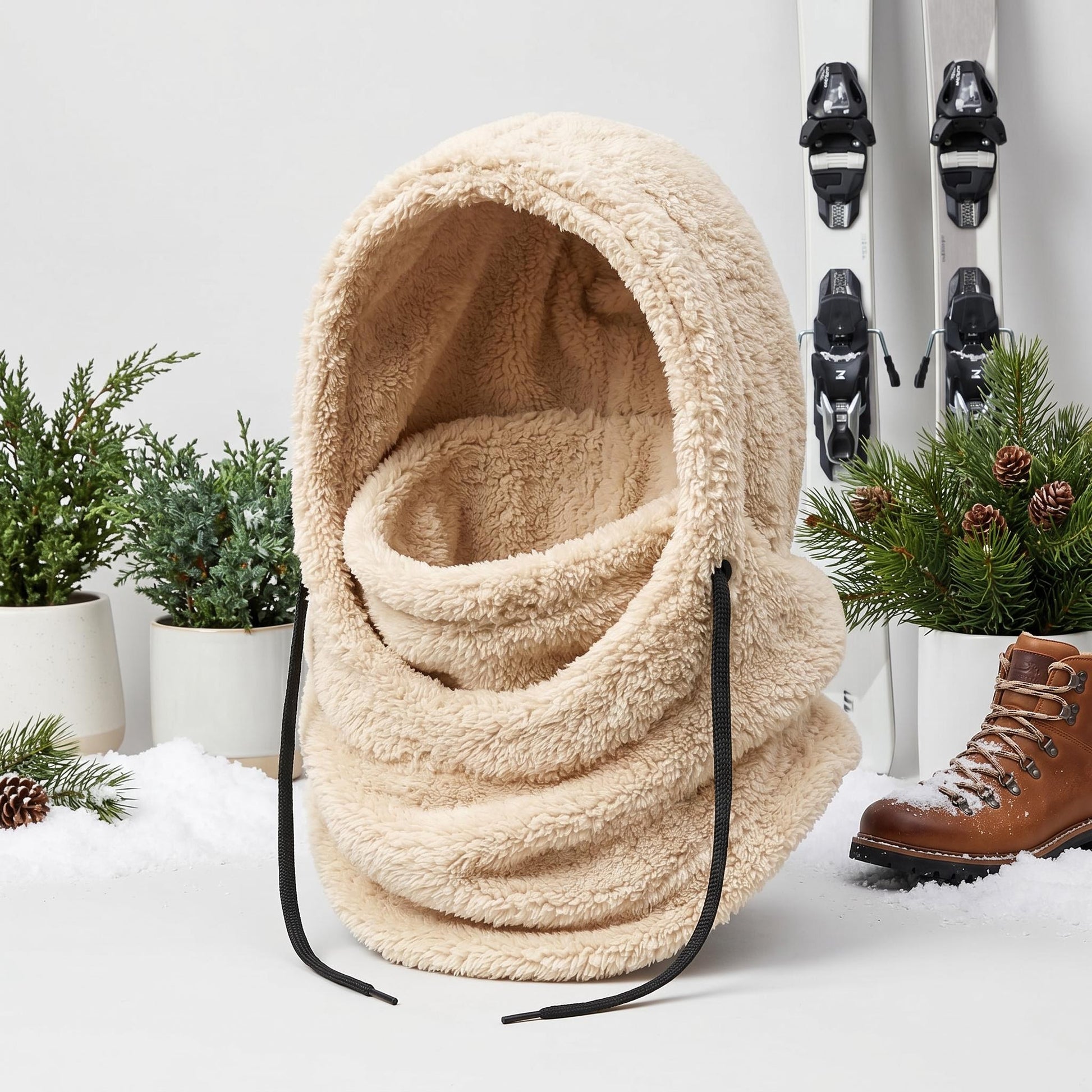 Beige fleece-lined hooded beanie scarf with black drawstrings, displayed with winter gear.