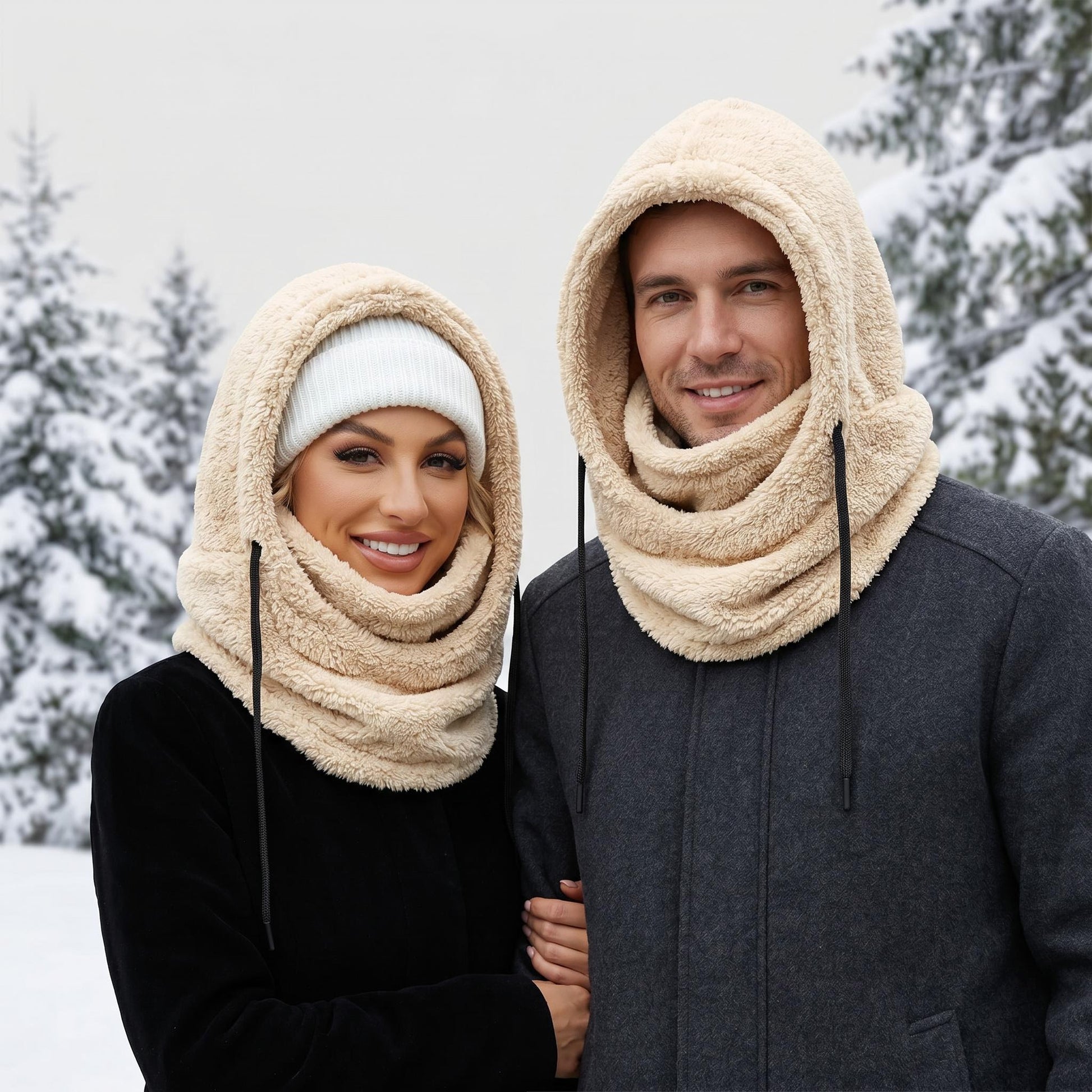 Man and woman wearing beige fleece-lined hooded beanie scarves in a snowy winter setting.