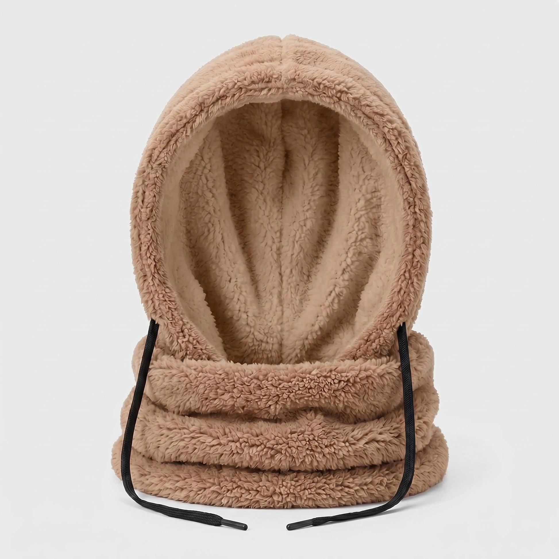 Beige fleece-lined hooded beanie scarf with black adjustable drawstrings.
