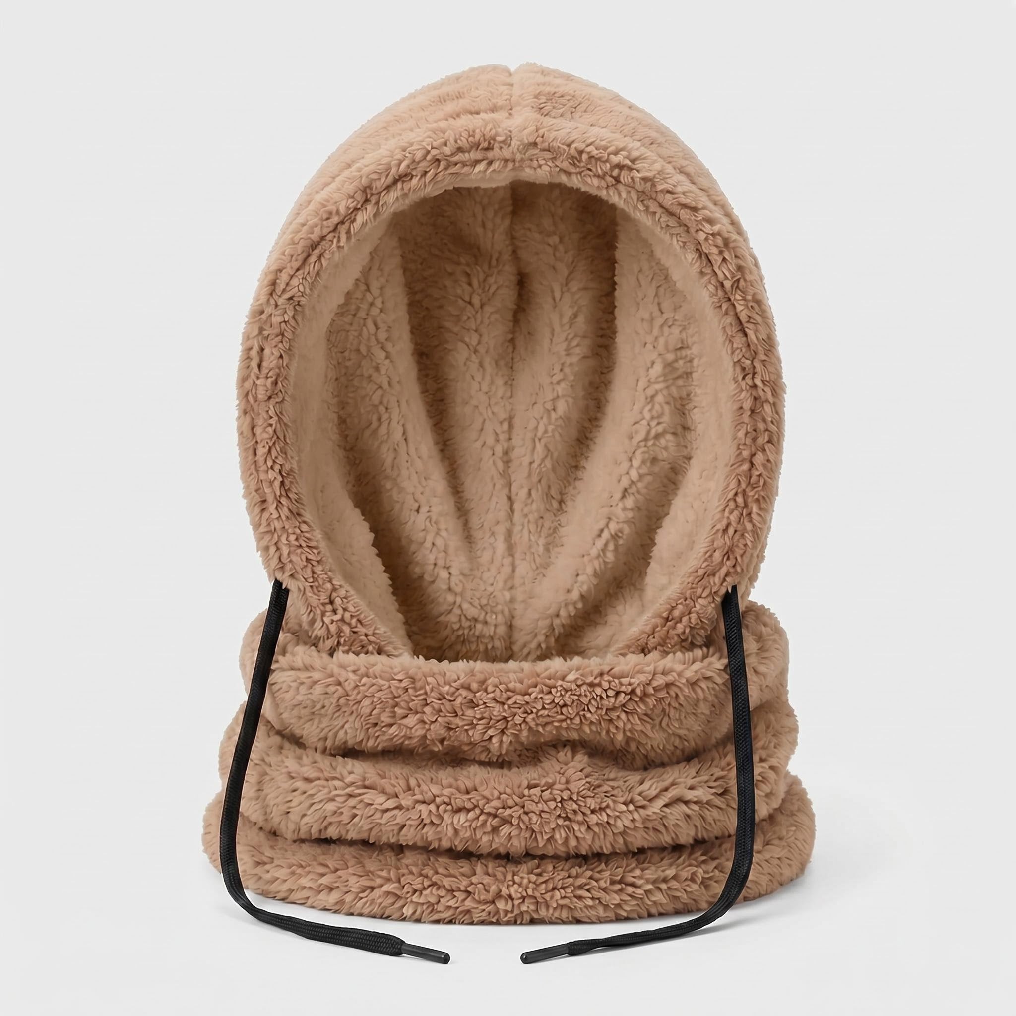 Beige fleece-lined hooded beanie scarf with black adjustable drawstrings.