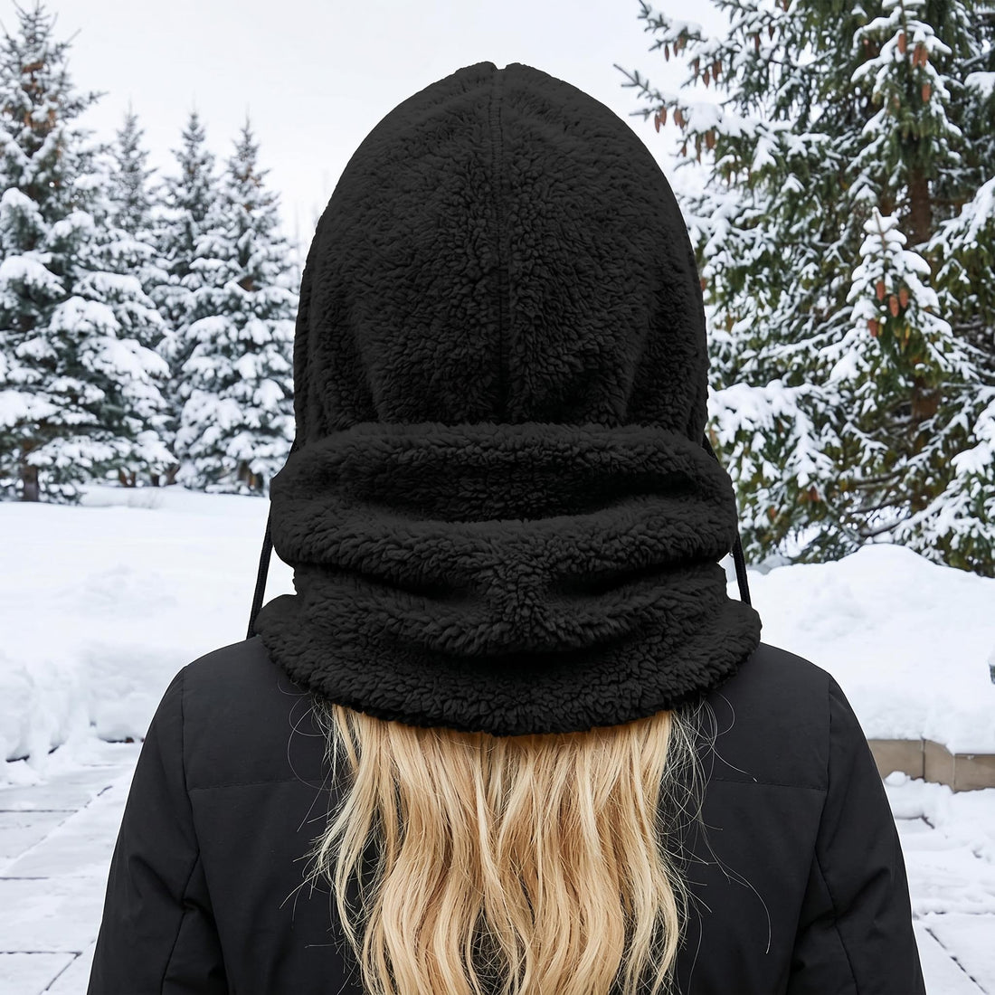 Woman wearing a black fleece-lined hooded beanie scarf over a white knit beanie.