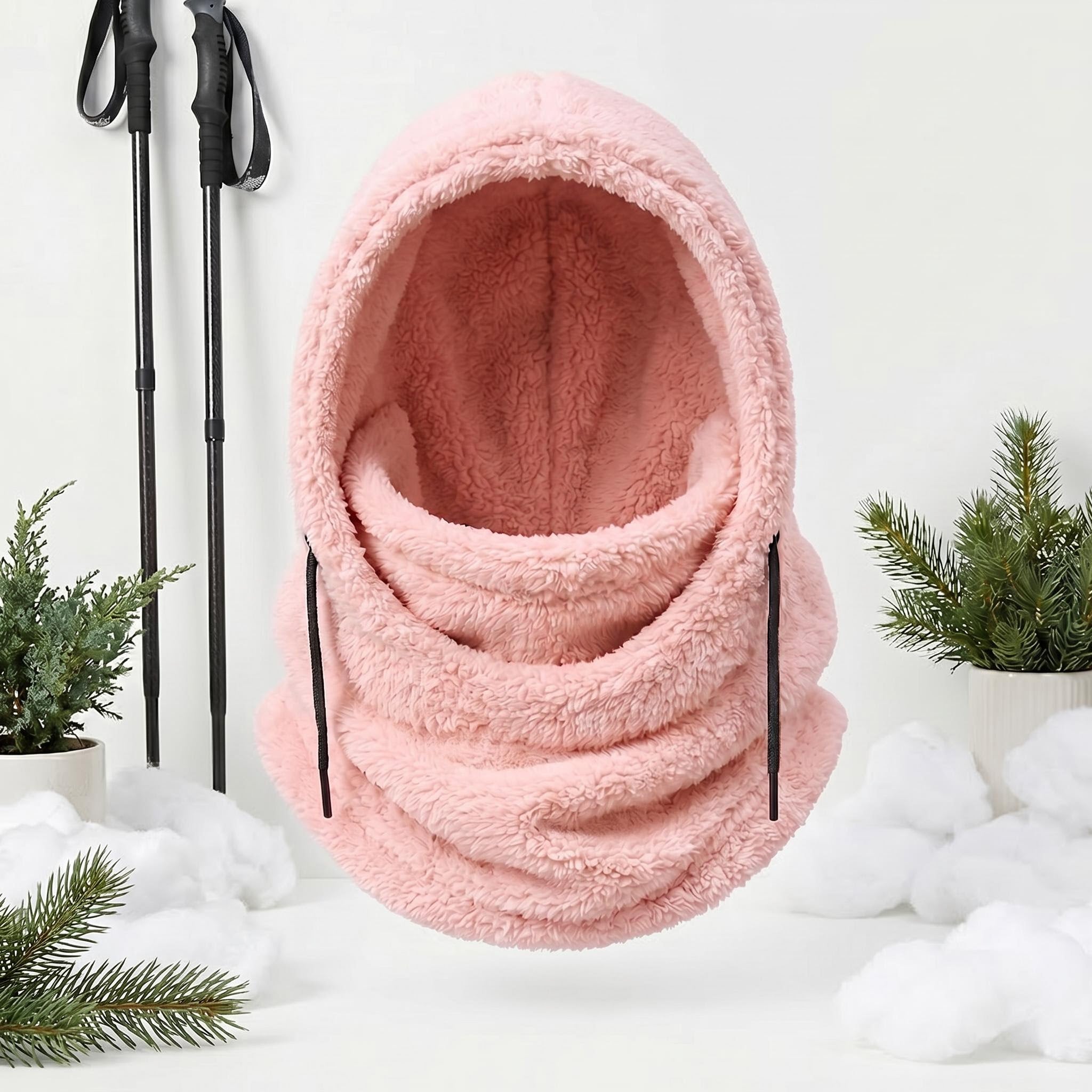 Pink plush fleece hooded beanie scarf with adjustable drawstrings.