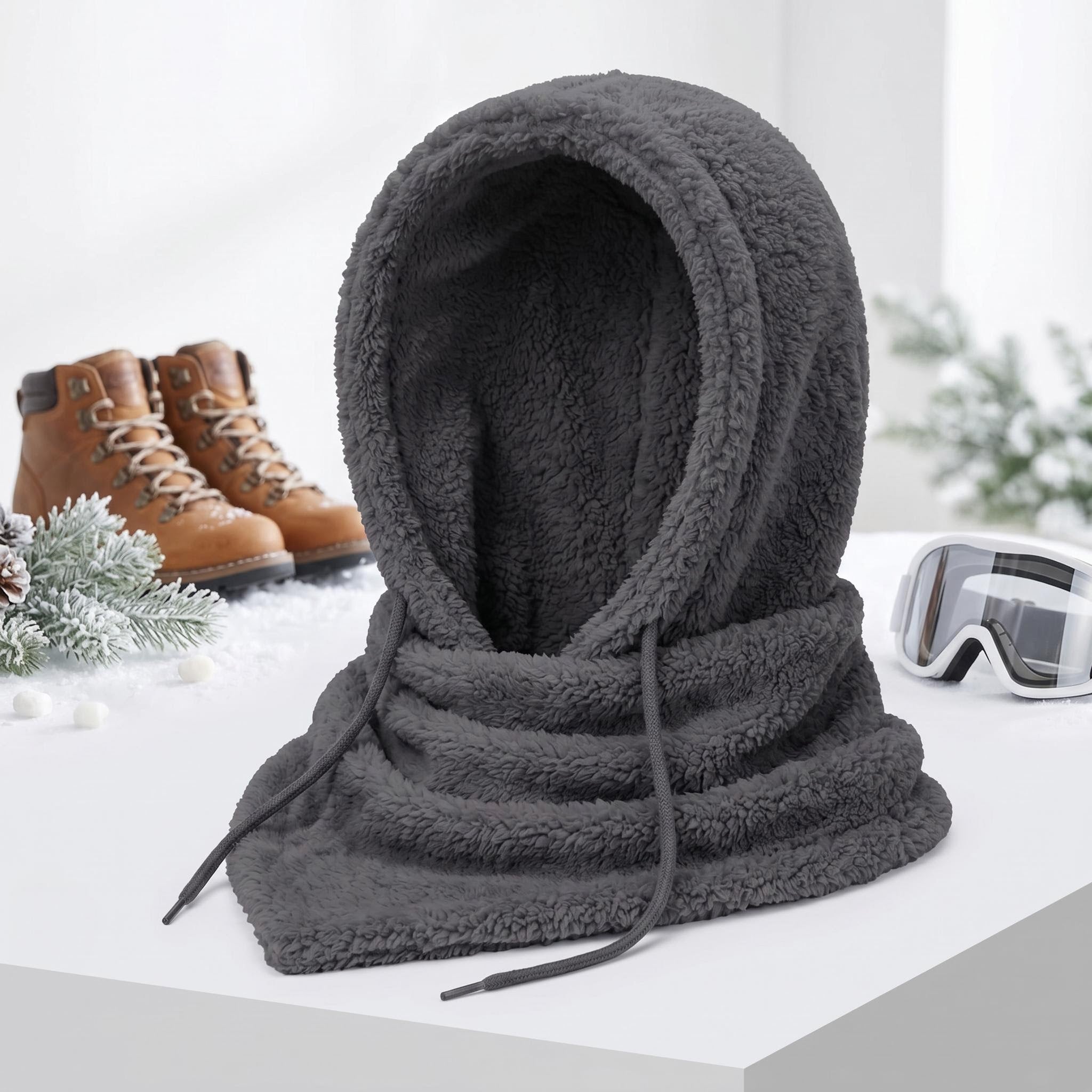 Dark gray fleece-lined hooded beanie scarf with adjustable drawstrings on a snowy background.