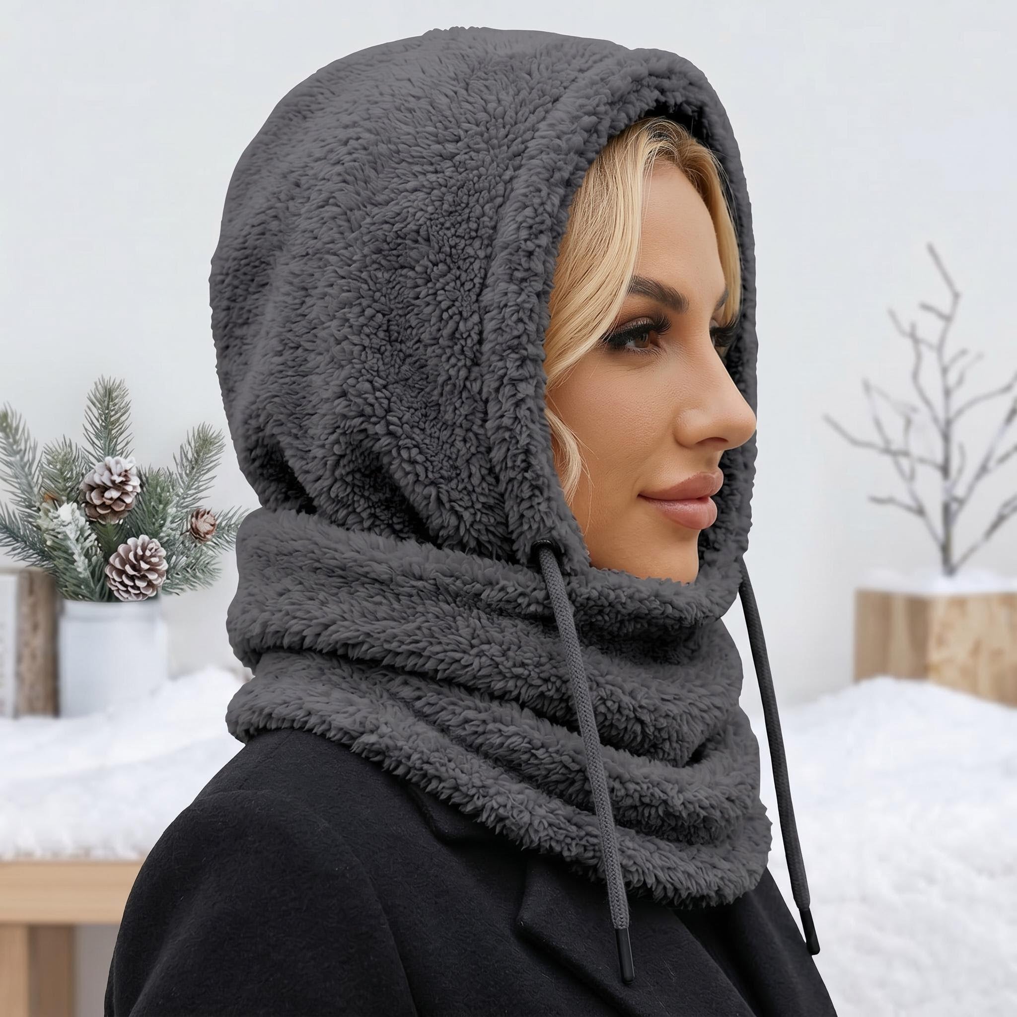 Woman wearing a dark grey plush fleece hooded beanie scarf with adjustable drawstrings.