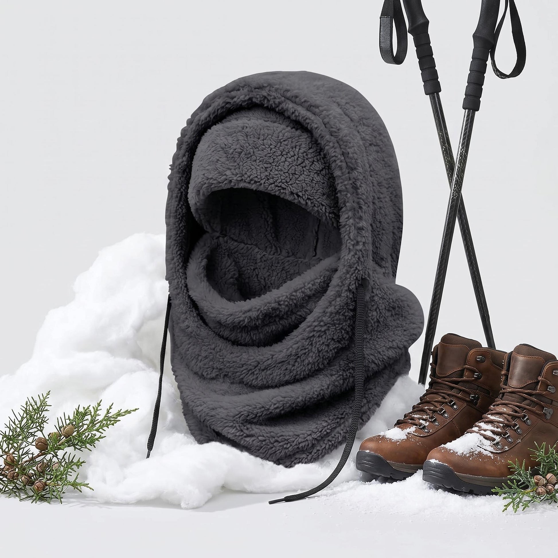 Dark grey fleece-lined hooded beanie scarf with winter boots and ski poles in snow.