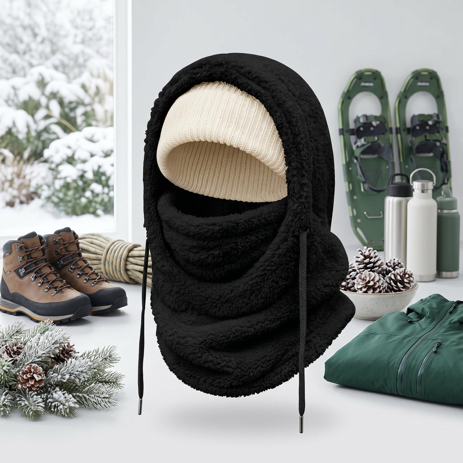 Black fleece-lined hooded beanie scarf with a cream knit brim, surrounded by winter gear.