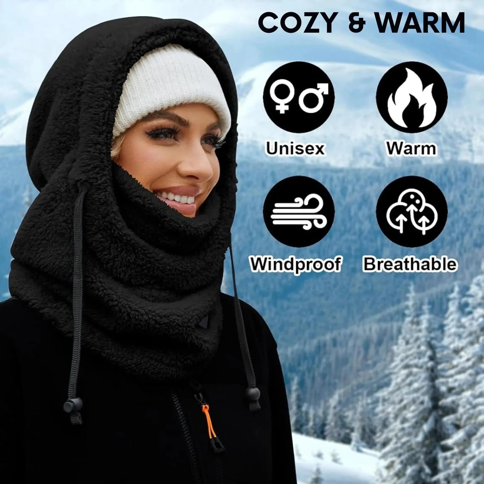 Woman wearing a black fleece-lined hooded beanie scarf with drawstrings in a snowy mountain setting.