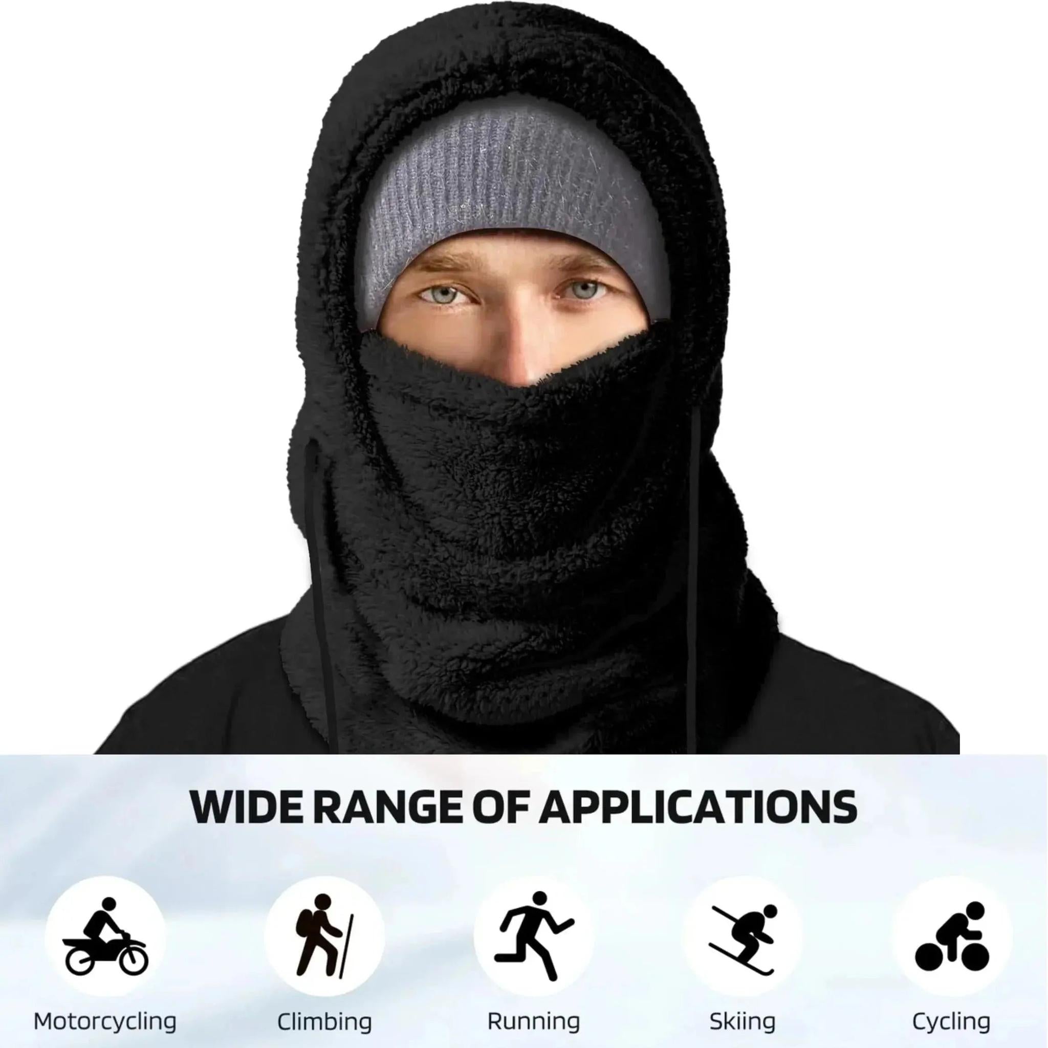 Black fleece-lined hooded beanie scarf worn as a full face mask for winter sports.