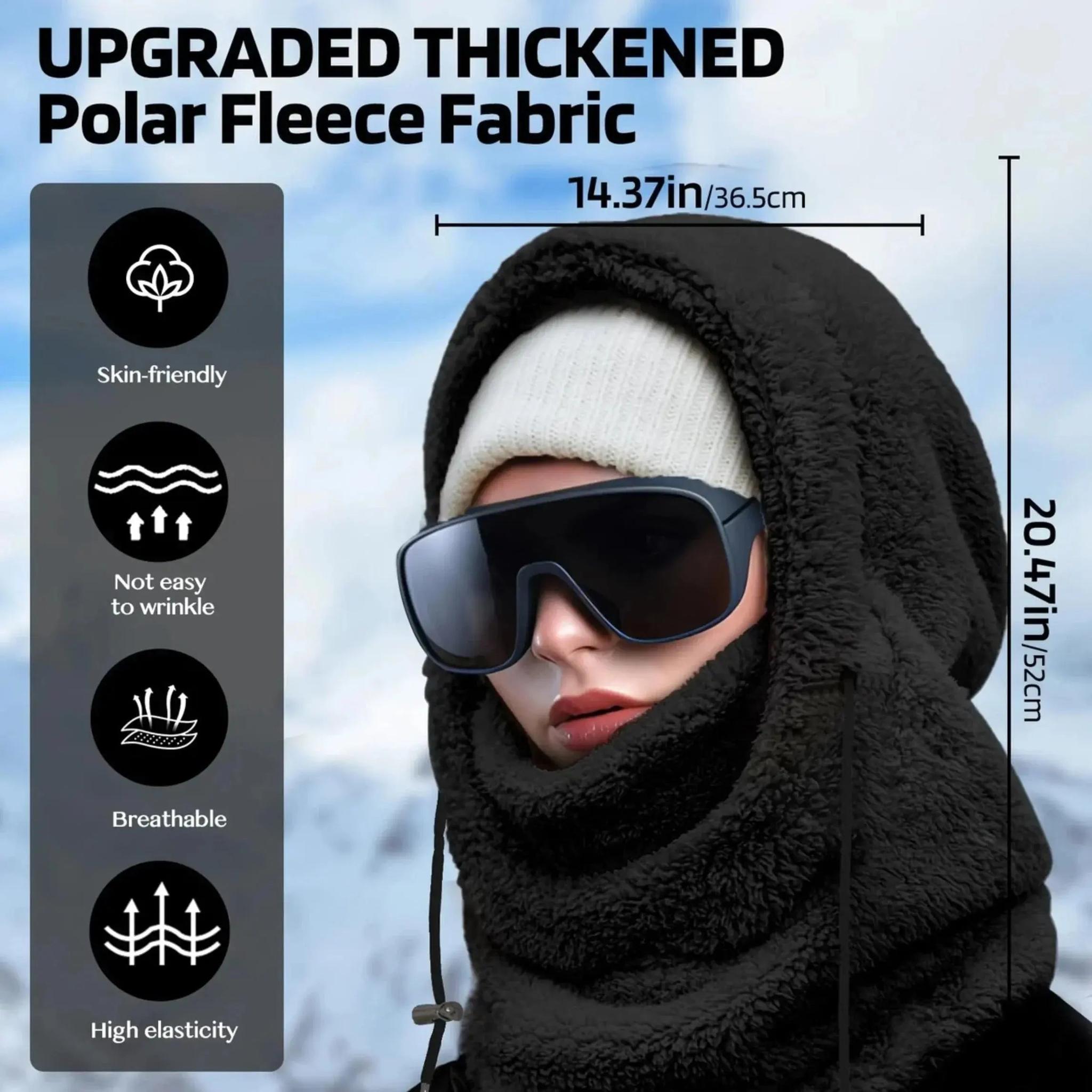 Black polar fleece hooded beanie scarf with dimensions on a model wearing ski goggles.