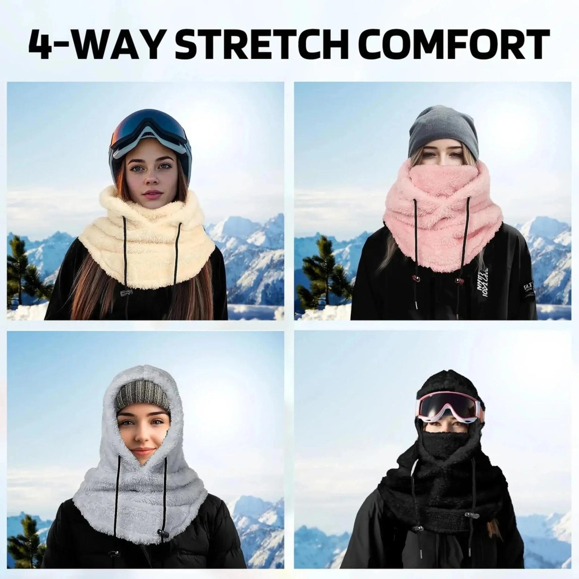 Four models wearing fleece-lined hooded beanie scarves in cream, pink, grey, and black.