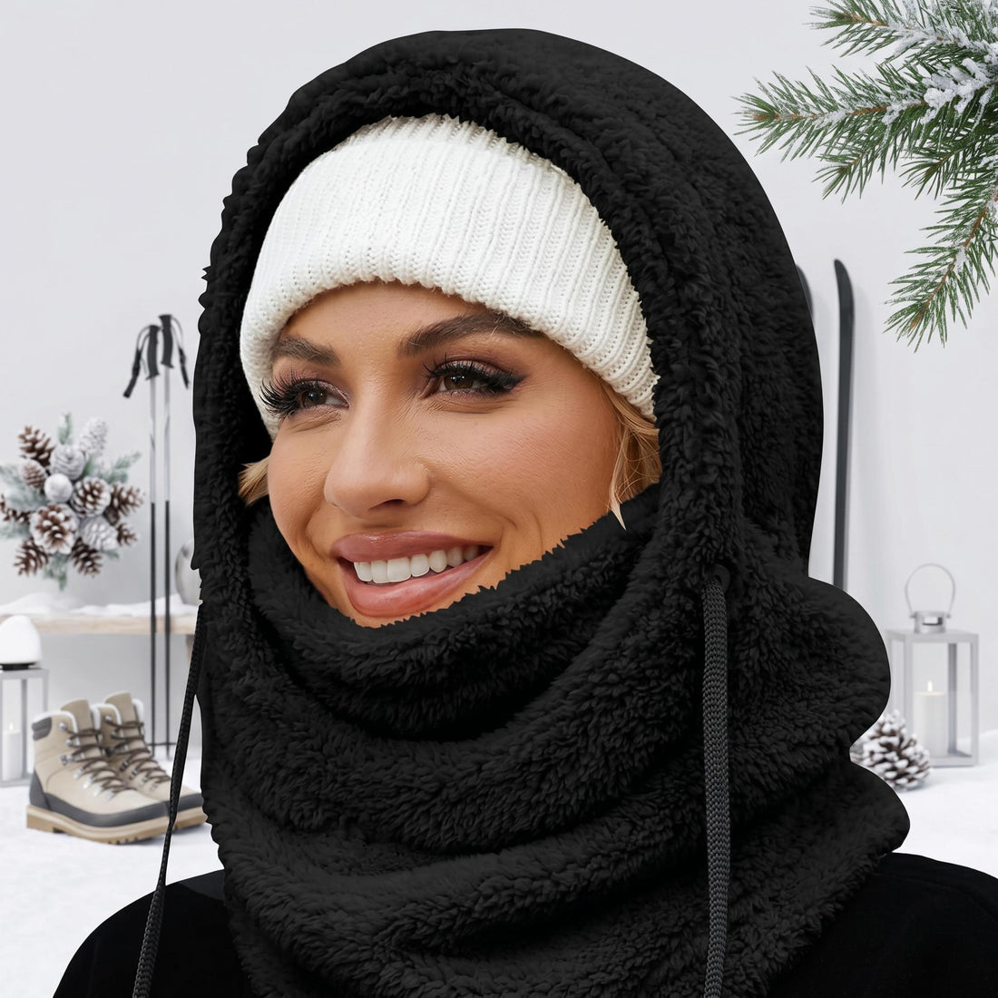 Woman wearing a black fleece-lined hooded beanie scarf over a white knit beanie.