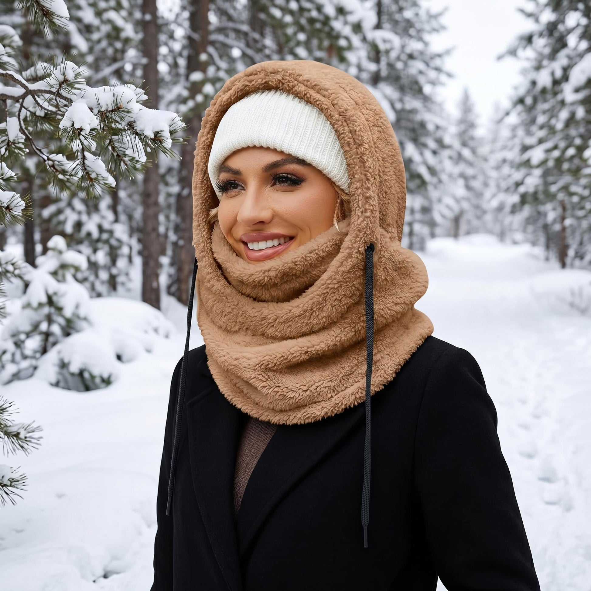 Woman in a snowy forest wearing a brown plush fleece-lined hooded beanie scarf with a white knit hat.