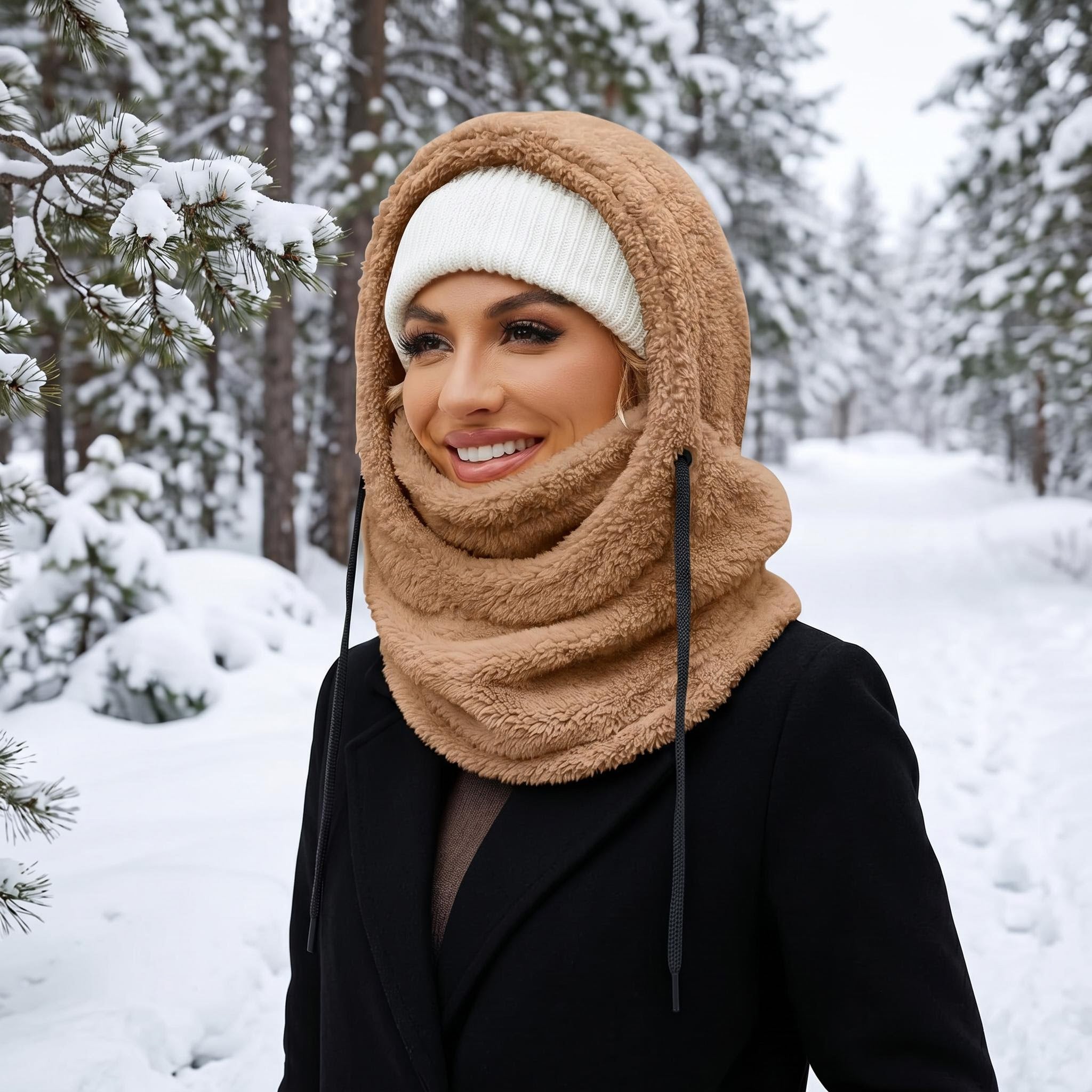 Woman in a snowy forest wearing a brown plush fleece-lined hooded beanie scarf with a white knit hat.