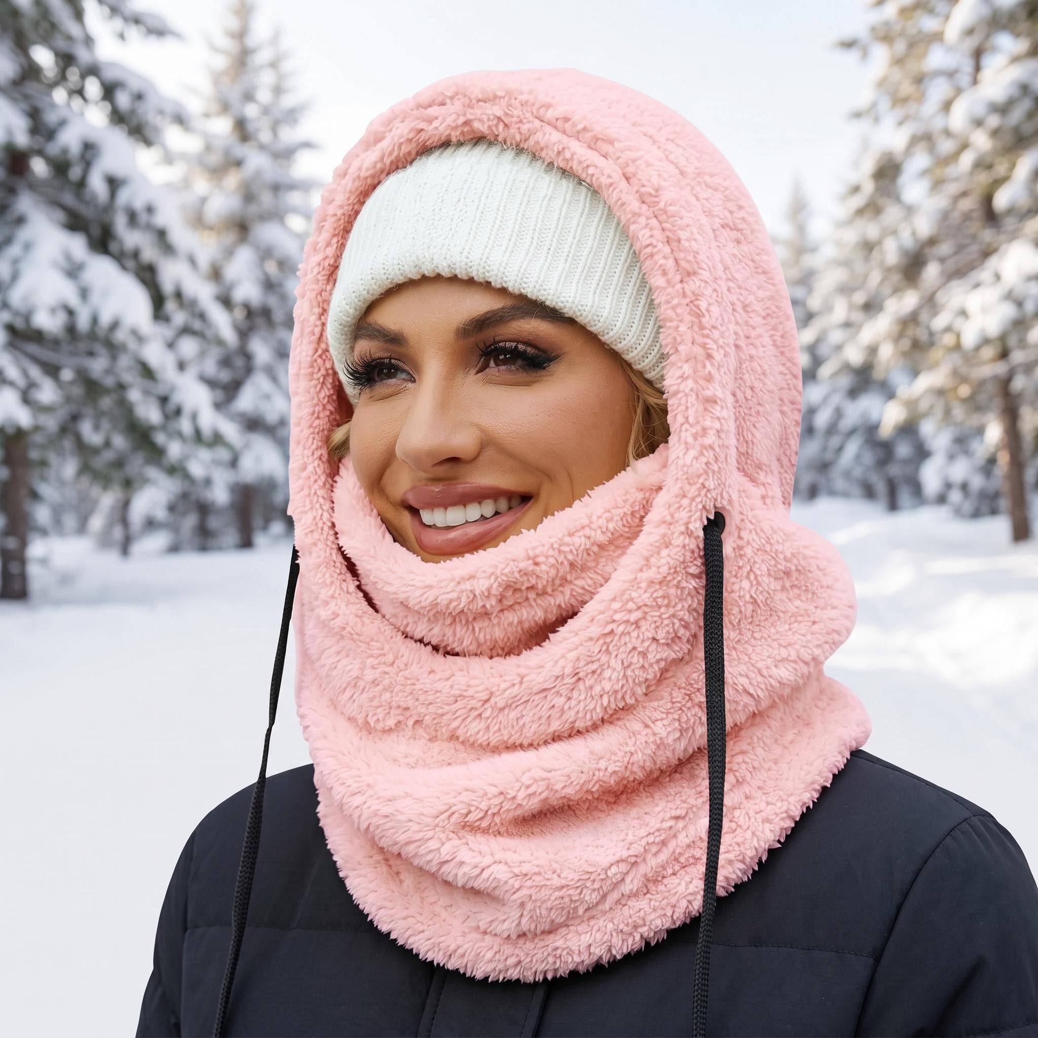Woman wearing a pink plush fleece hooded beanie scarf with a white knit beanie in the snow.