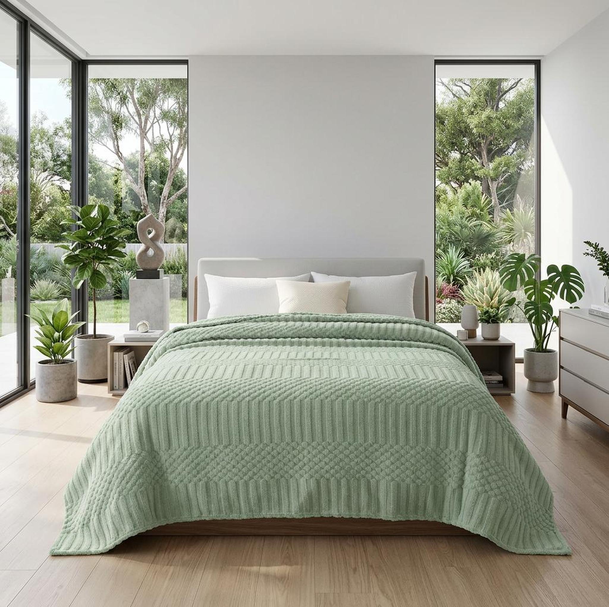 Soft sage green fleece throw blanket with a geometric textured pattern draped over a bed in a bright room.