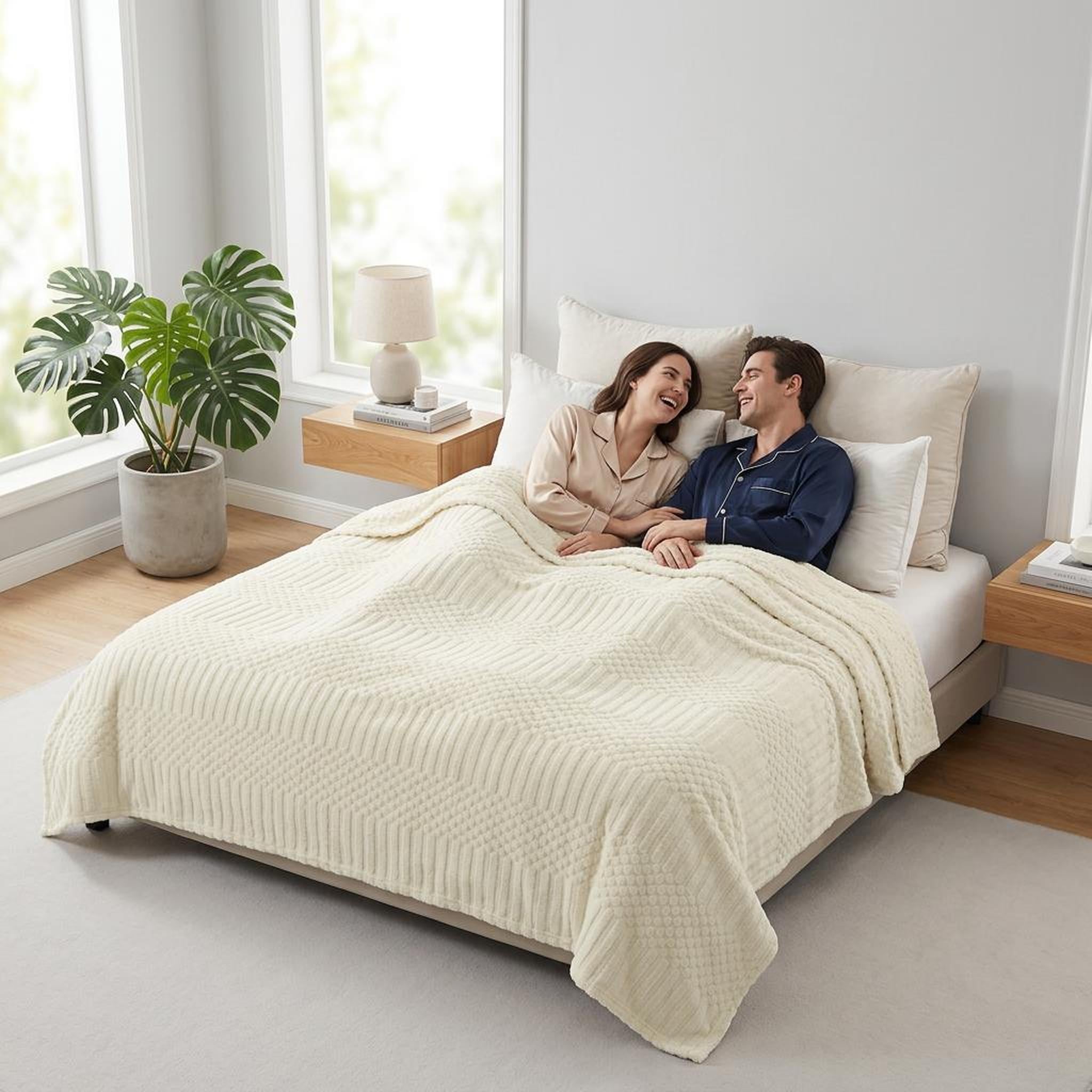 Cozy couple relaxing under a soft, cream-colored 50x70 inch fleece throw blanket with a textured geometric pattern.