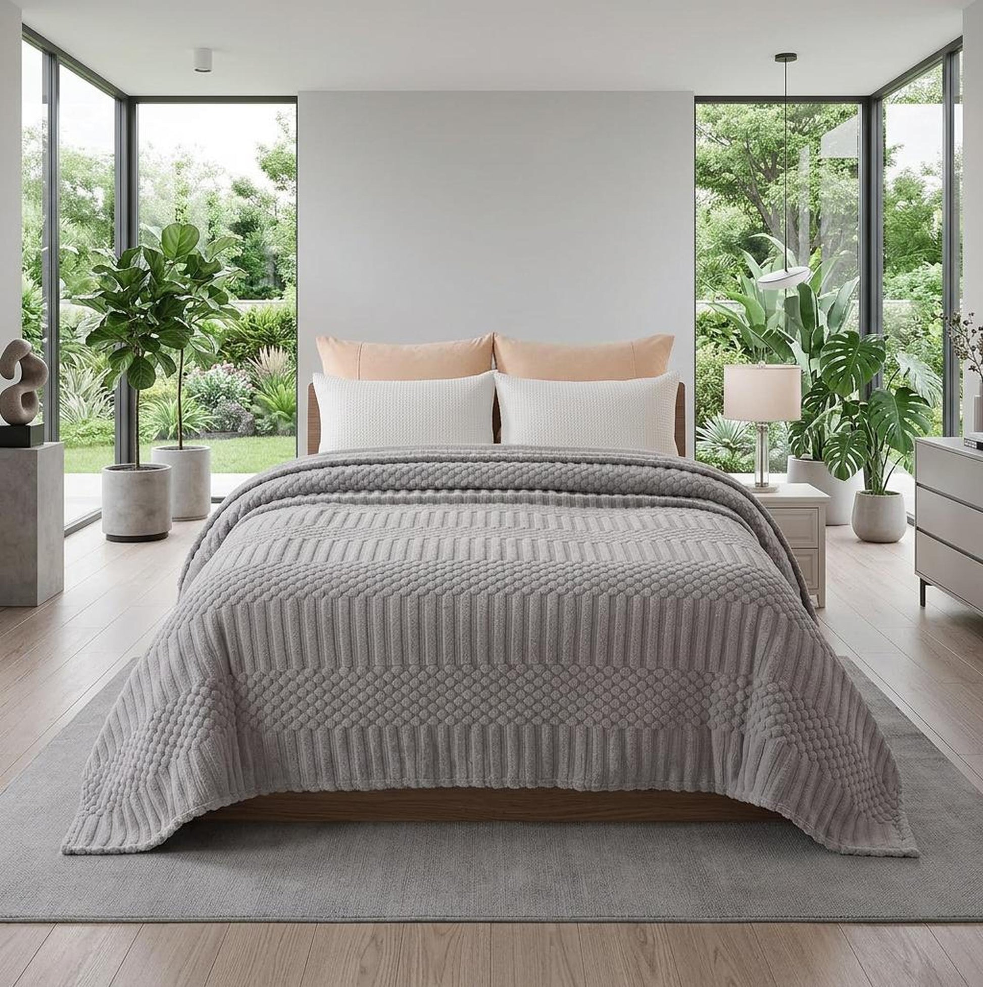 Soft gray fleece throw blanket with textured geometric patterns on a bed in a bright bedroom.