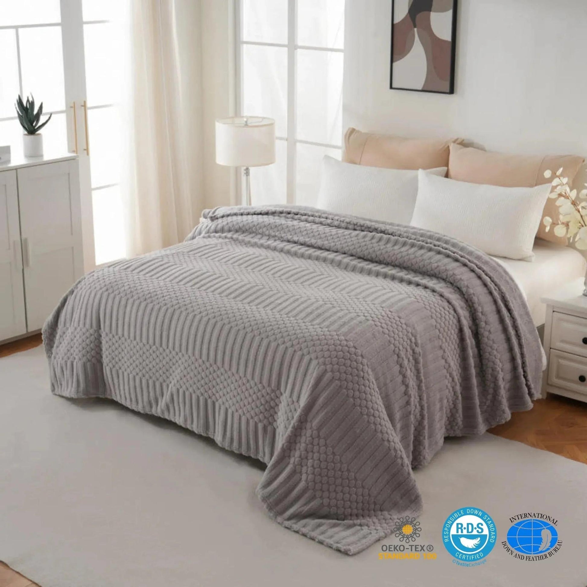 Soft gray fleece throw blanket with textured geometric patterns draped on a bed.