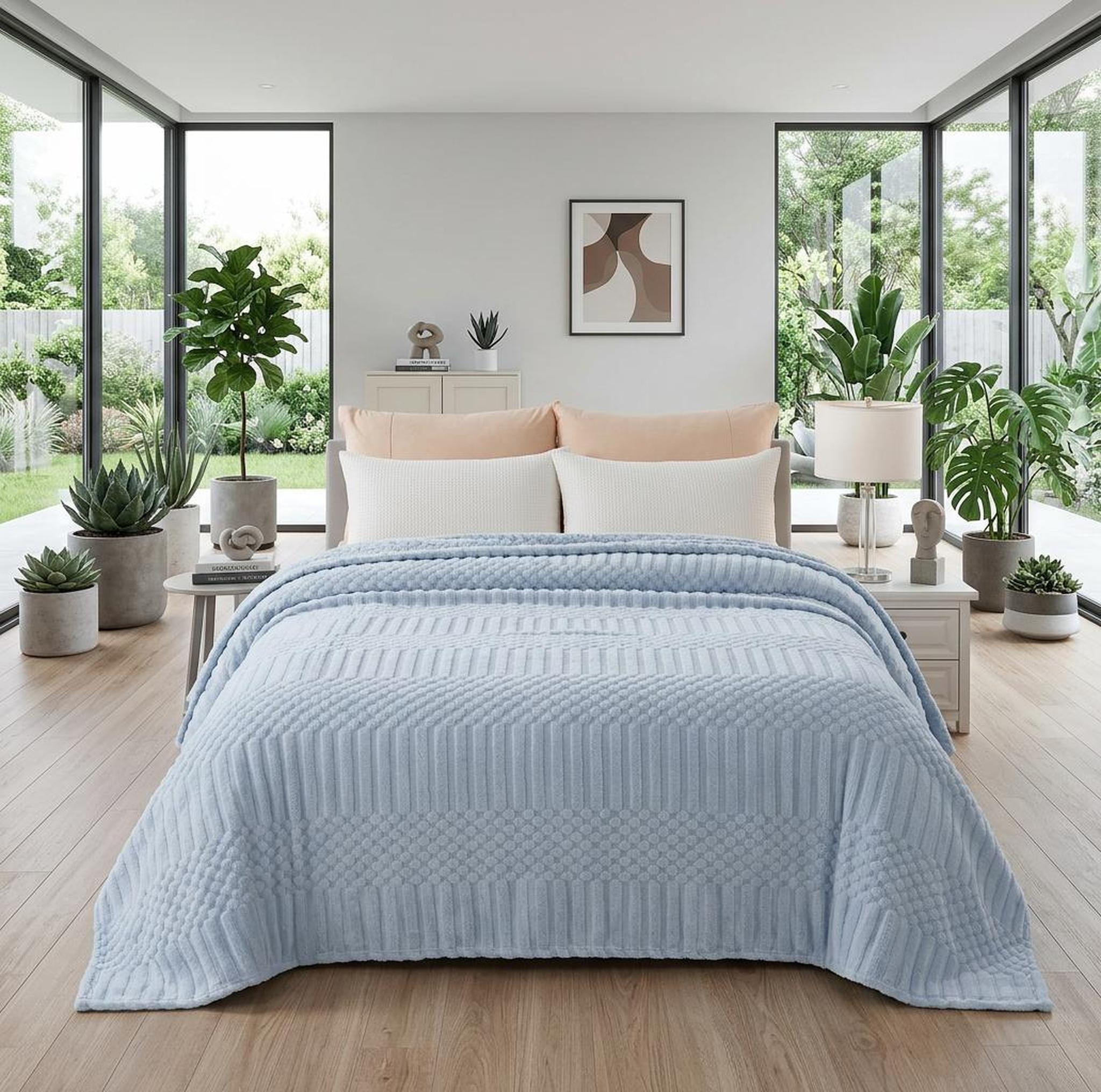 Soft light blue fleece throw blanket with a textured geometric pattern on a bed in a bright bedroom.