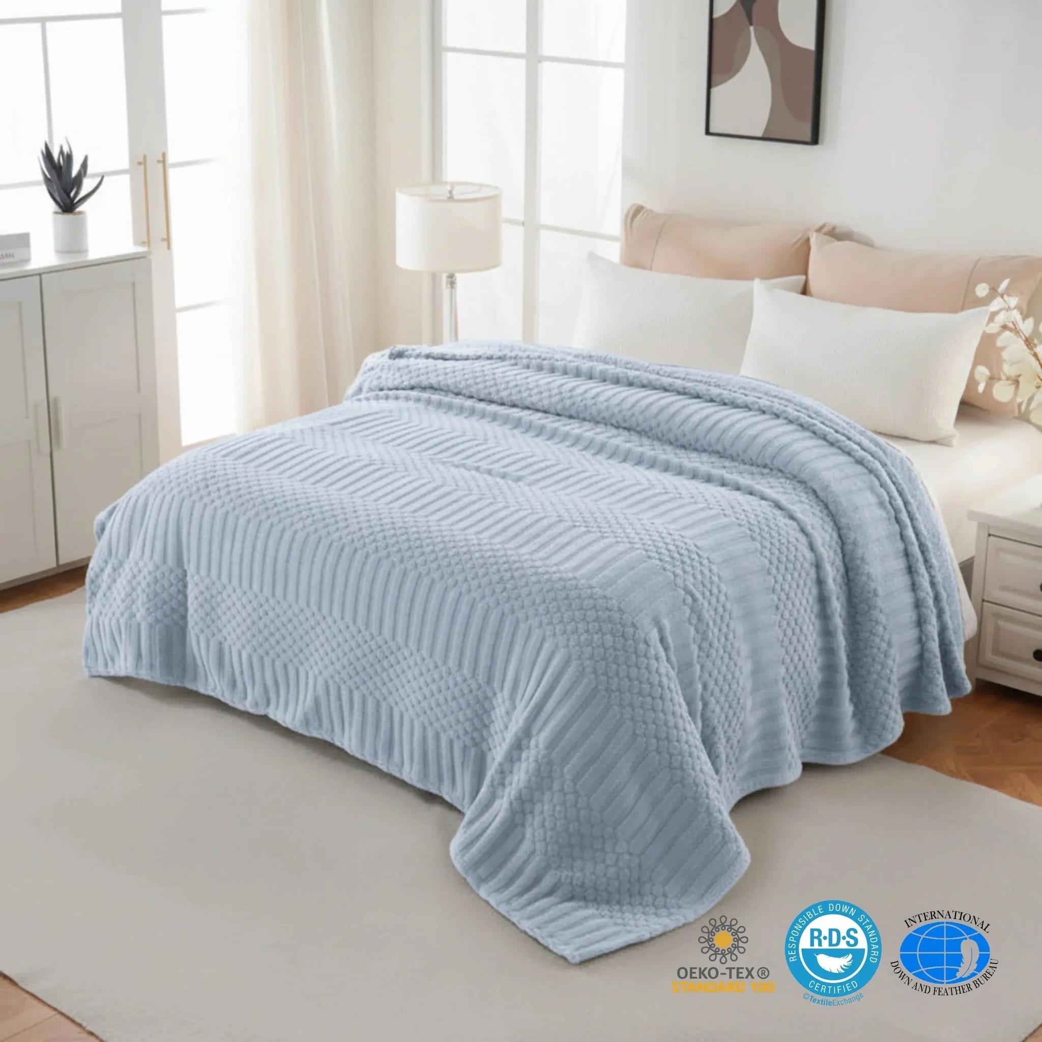 Soft light blue fleece throw blanket with a textured geometric pattern draped over a bed.