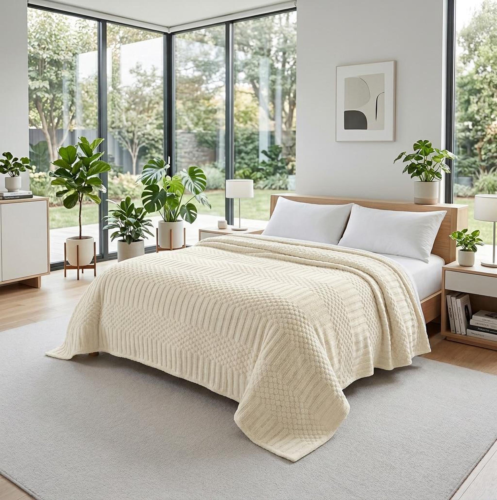 Cream 50x70 inch fleece throw blanket with textured geometric patterns draped over a bed in a bright room.