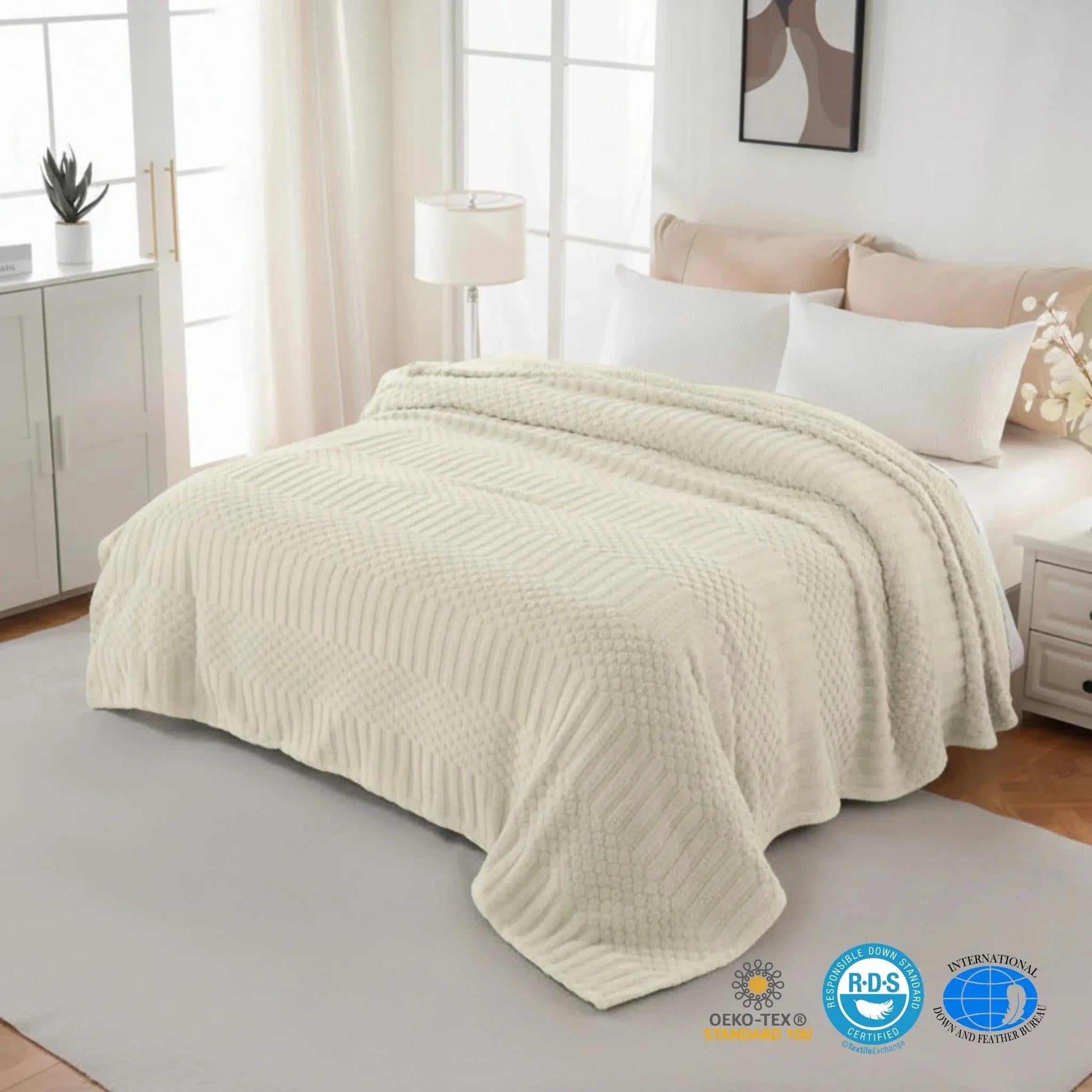 Soft cream fleece throw blanket with textured geometric patterns draped over a bed in a bright bedroom.