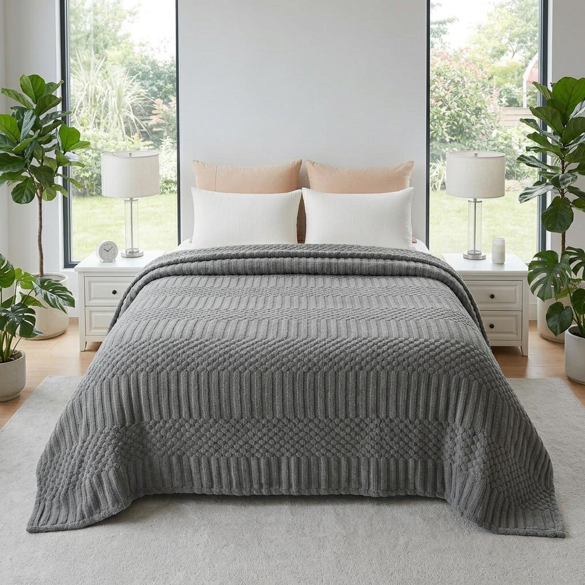Soft gray fleece throw blanket with a textured geometric pattern on a bed.
