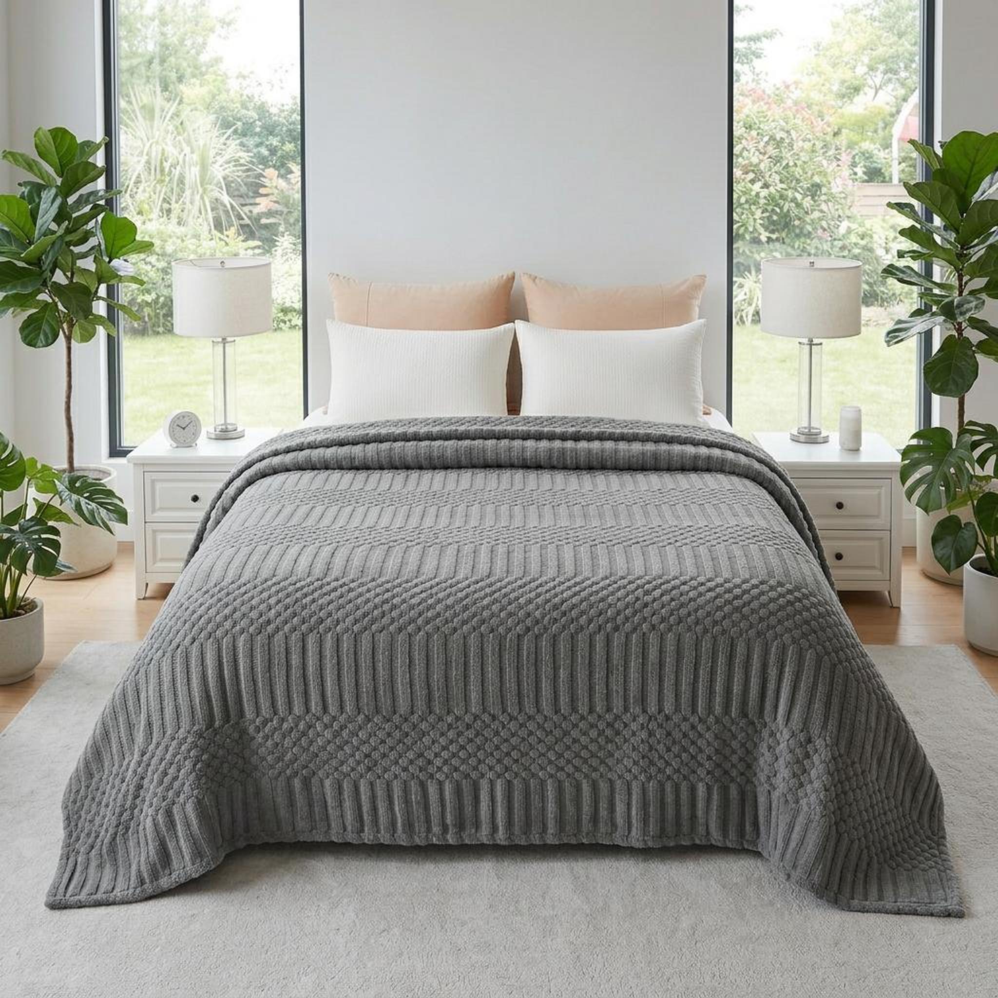 Soft gray fleece throw blanket with a textured geometric pattern on a bed.