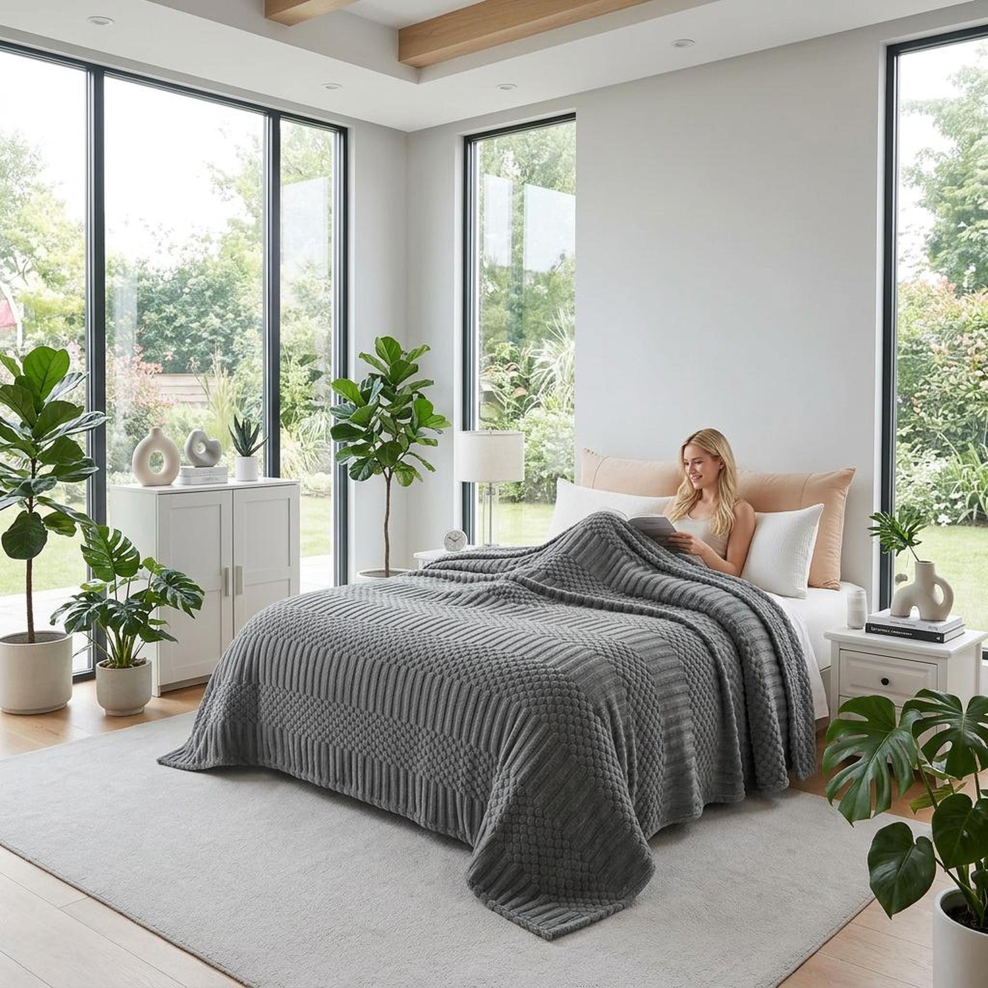 Woman relaxing in a bright bedroom, covered by a soft, textured gray fleece throw blanket on a bed.