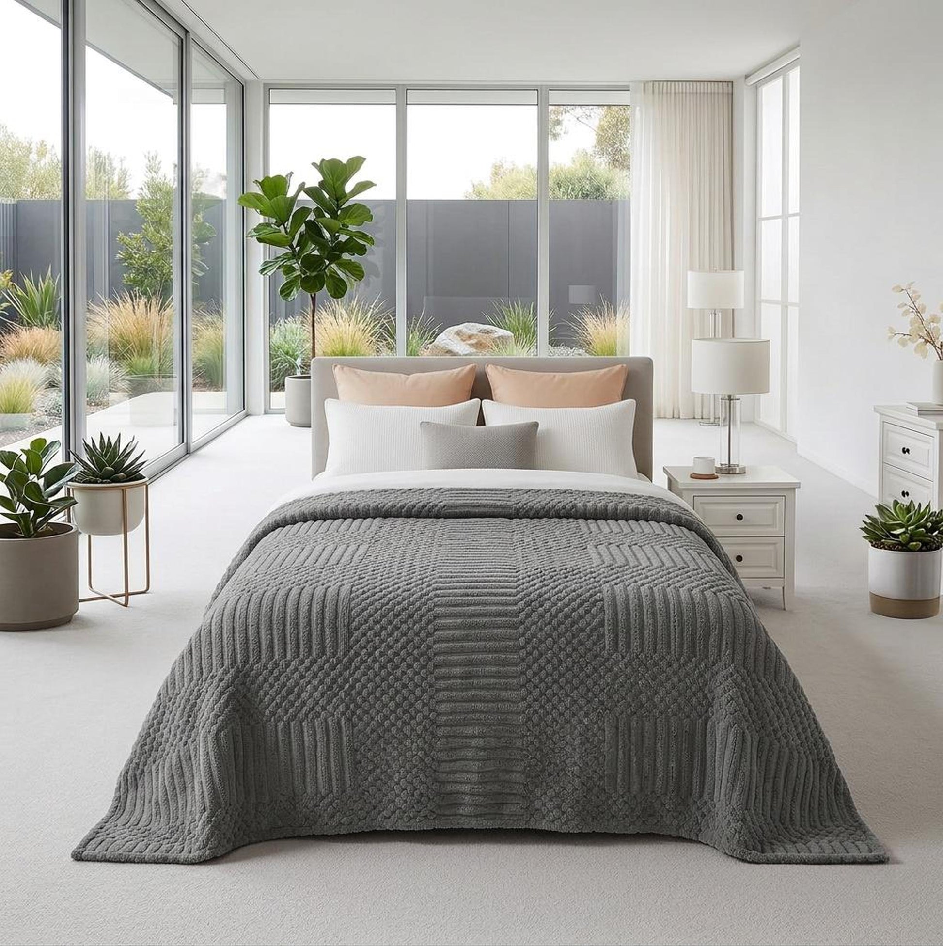 Soft gray fleece throw blanket with geometric patterns on a bed in a modern bedroom.