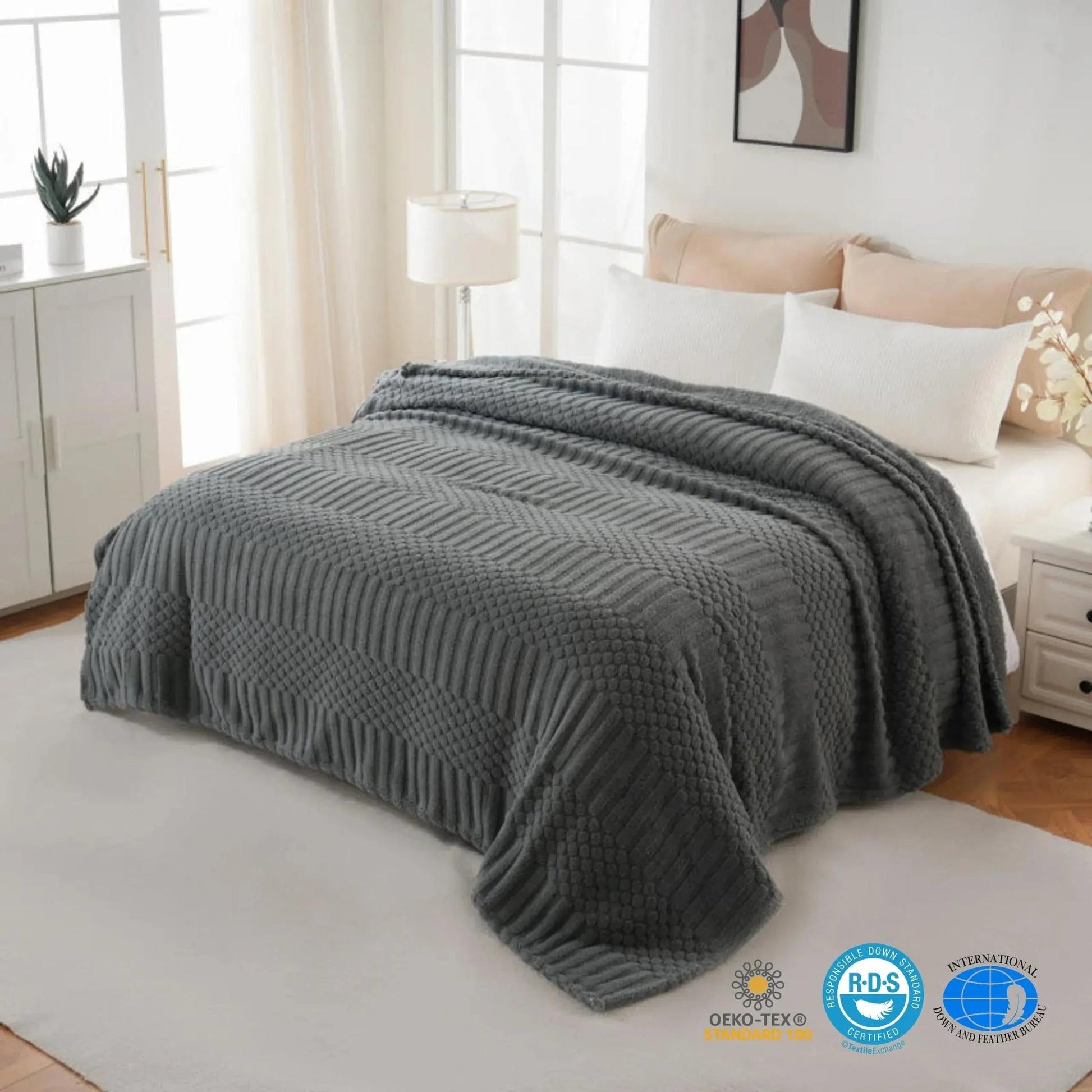 Soft gray fleece throw blanket, 50x70 inches, with a textured geometric pattern draped on a bed.