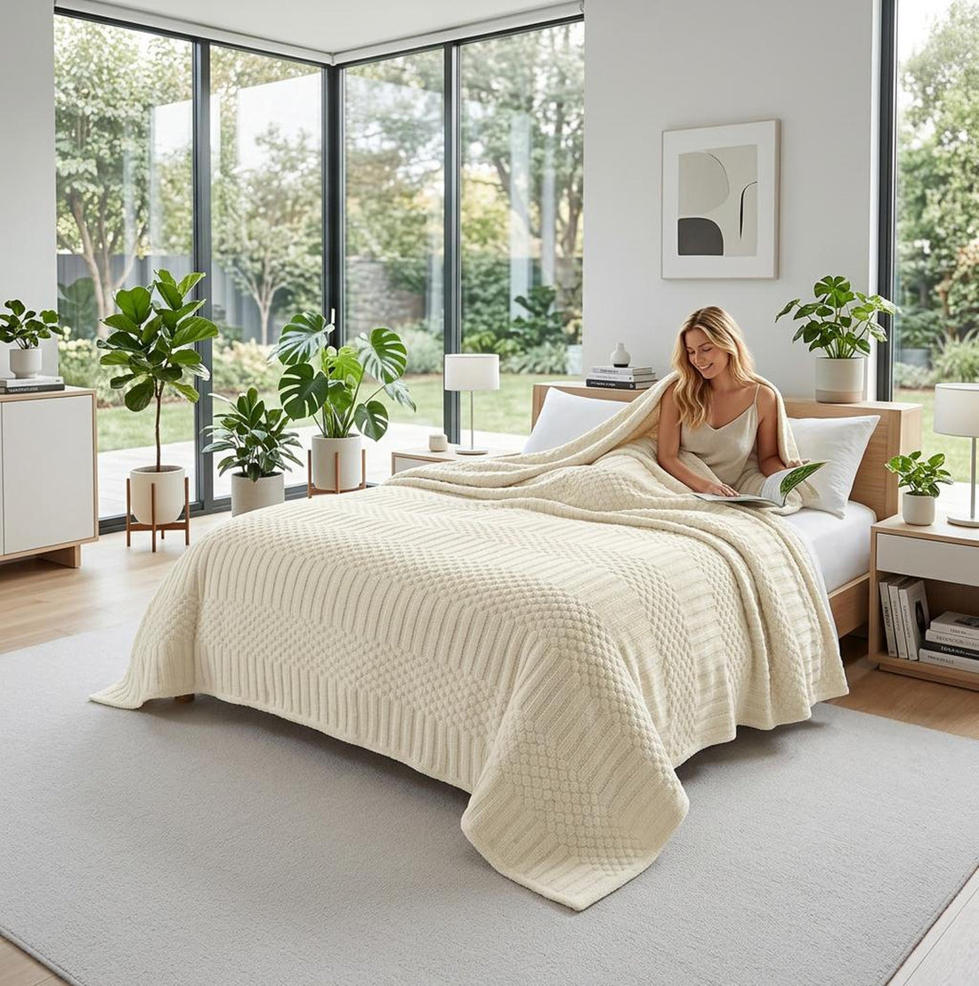 Cream knitted throw blanket on a bed with a woman reading, in a bright, plant-filled bedroom.