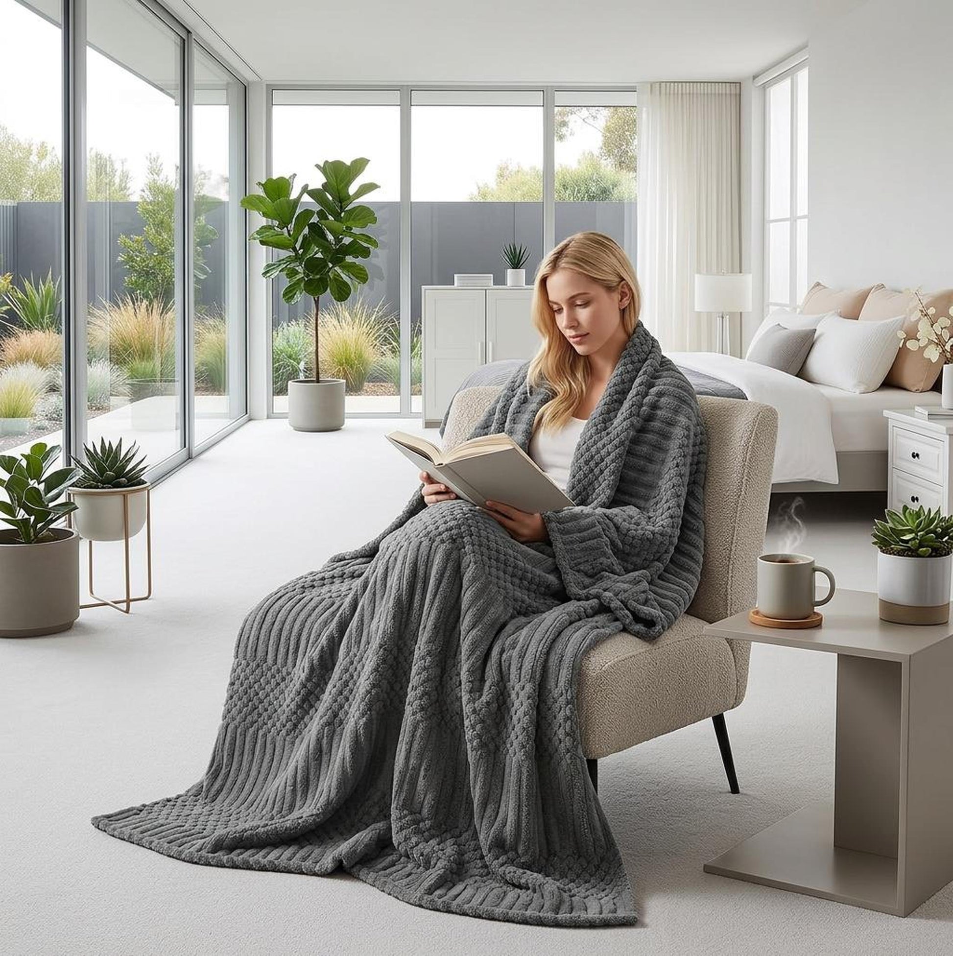 Woman wrapped in a soft, plush gray fleece throw blanket reading a book in a modern, sunlit bedroom.