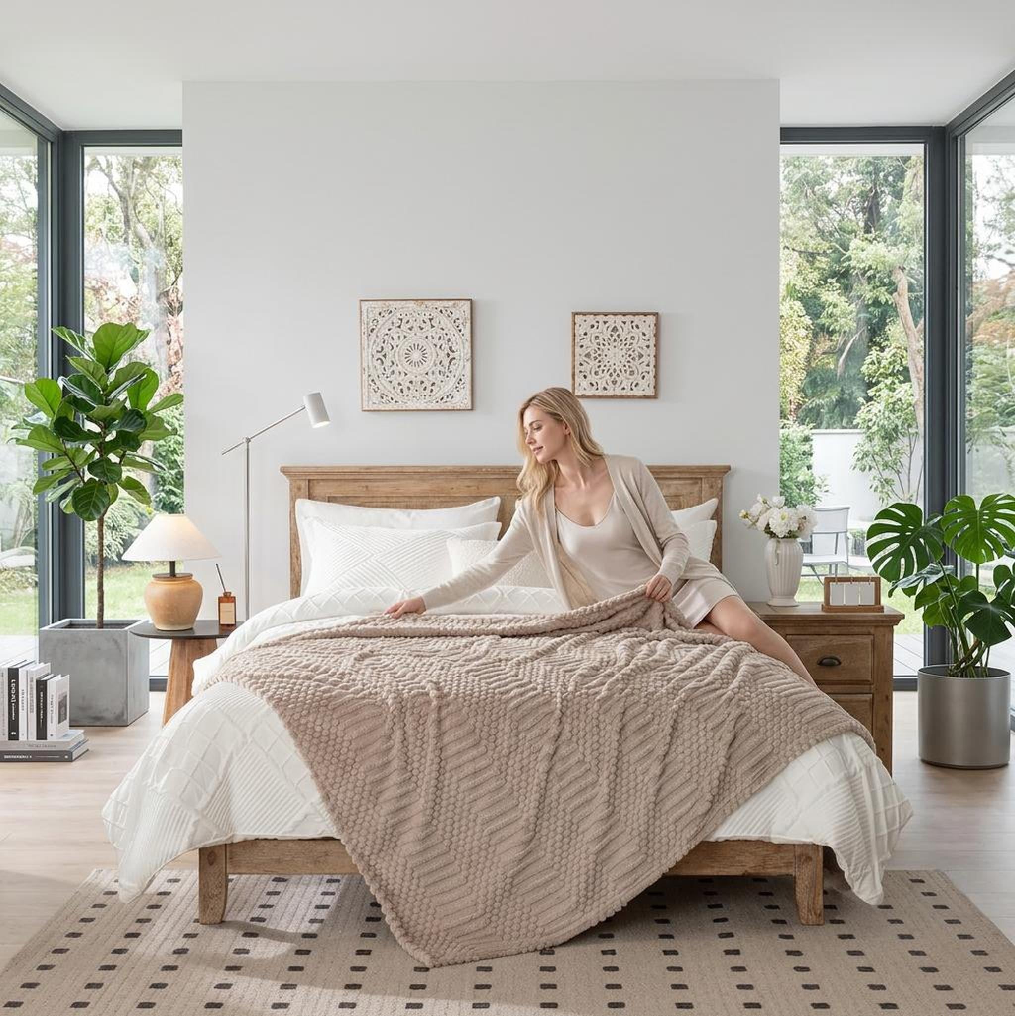 Woman on a bed with a soft, textured beige fleece throw blanket (50x70 inches) in a bright bedroom.