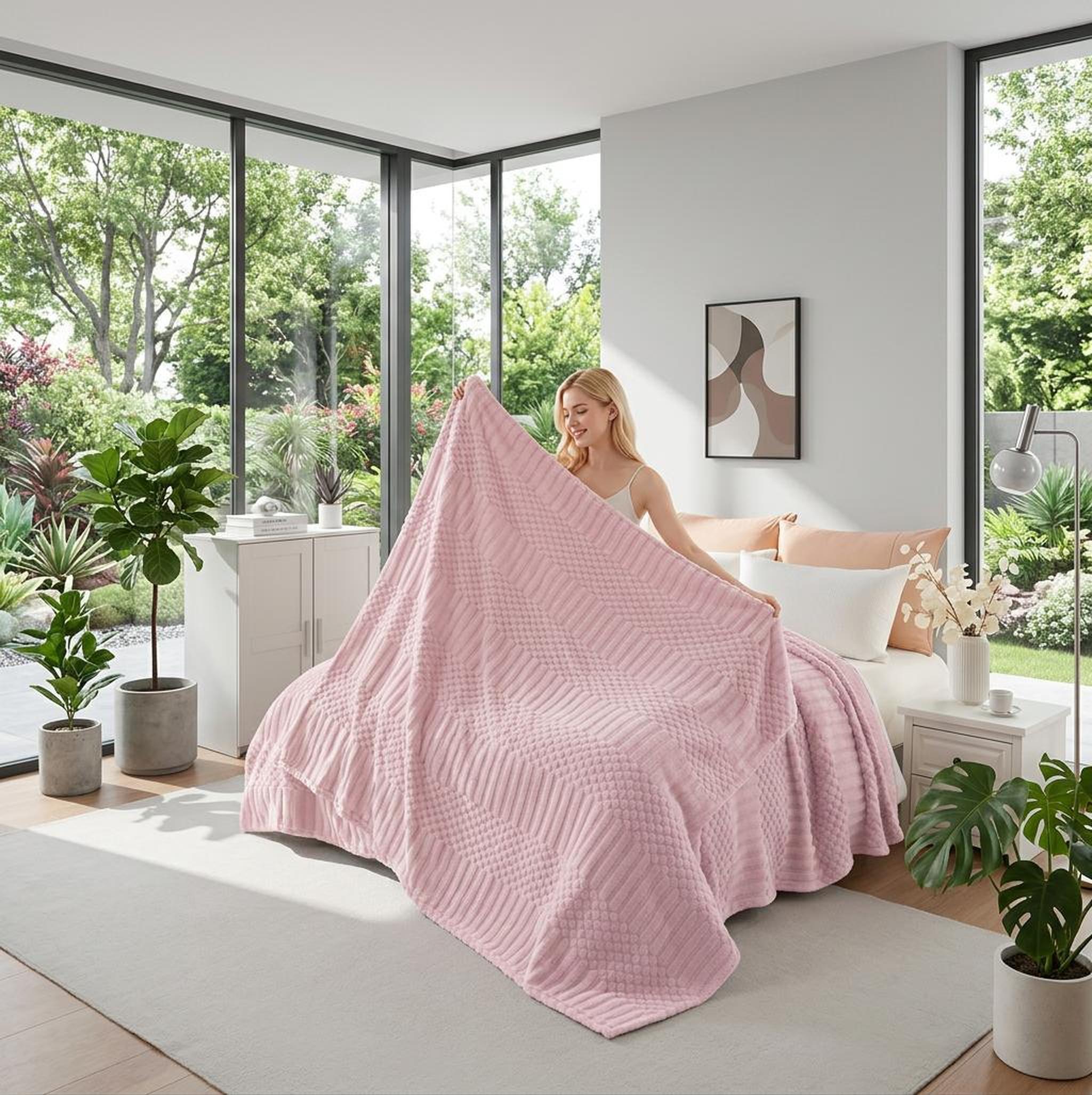 Smiling woman holding up a soft pink 50x70 inch fleece throw blanket with a textured pattern in a bright bedroom.