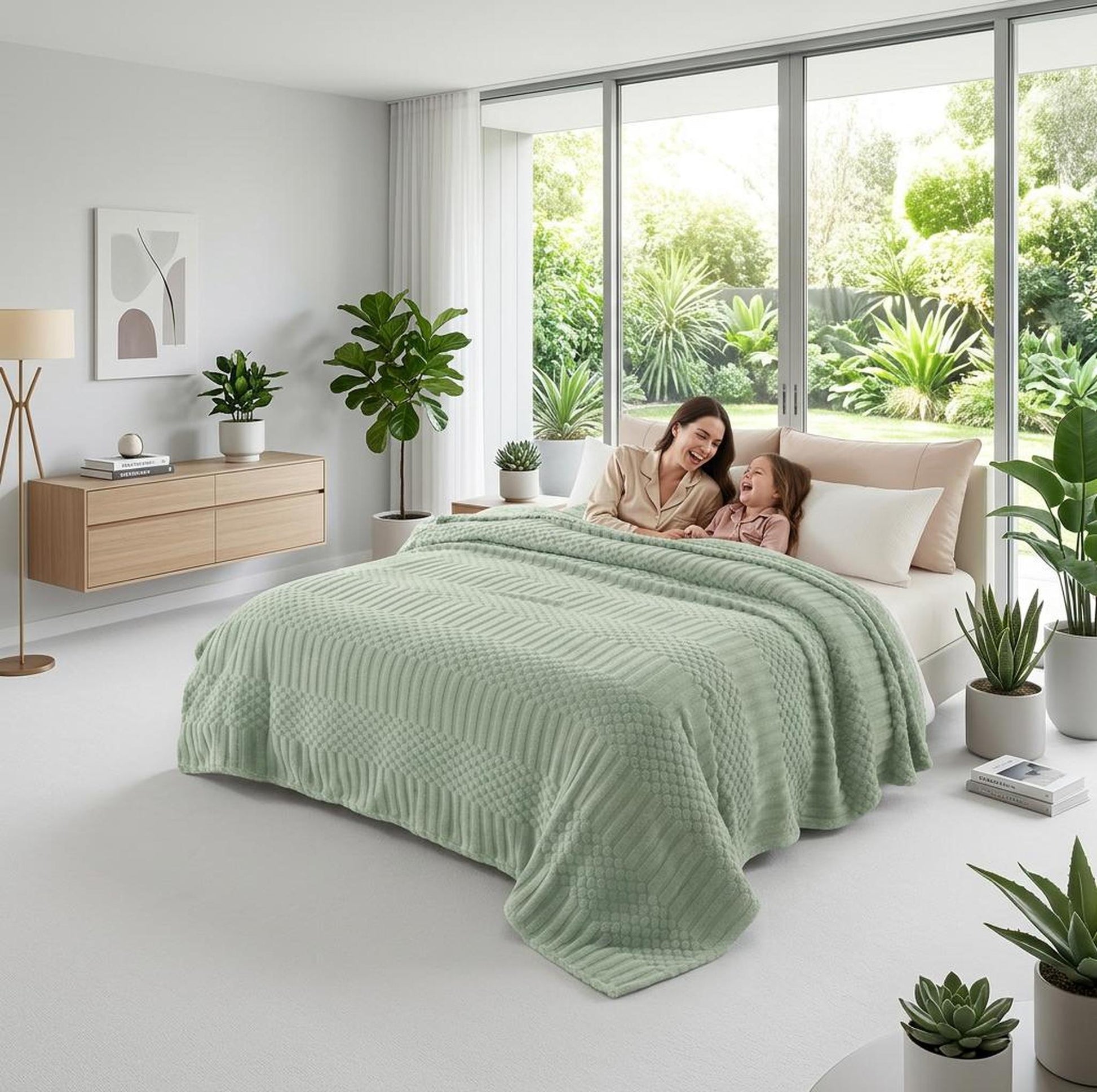 Soft sage green 50x70 inch fleece throw blanket with textured geometric patterns on a bed, with a mother and child.