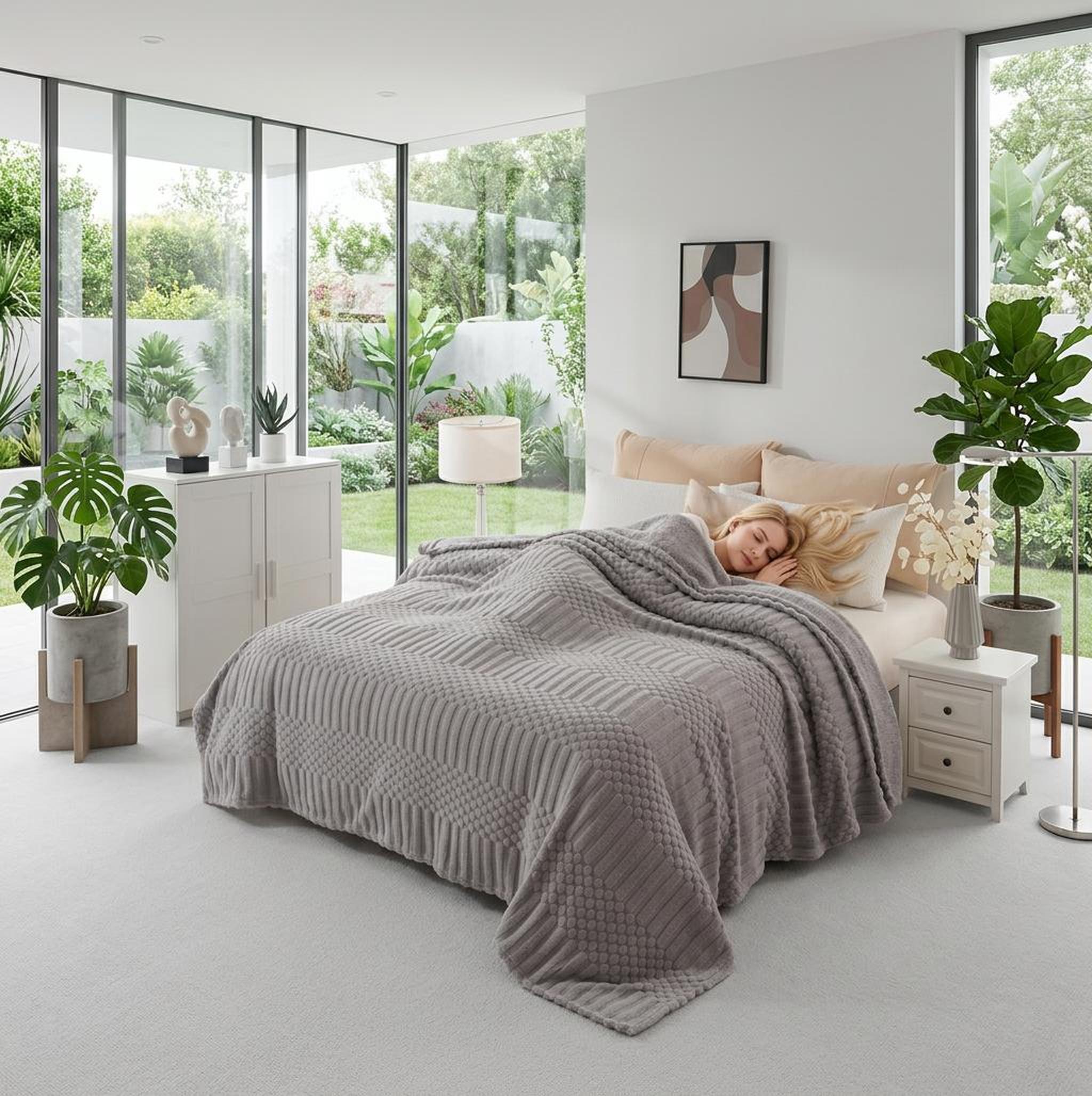 Woman sleeping soundly under a soft, textured gray fleece throw blanket on a bed in a bright bedroom.
