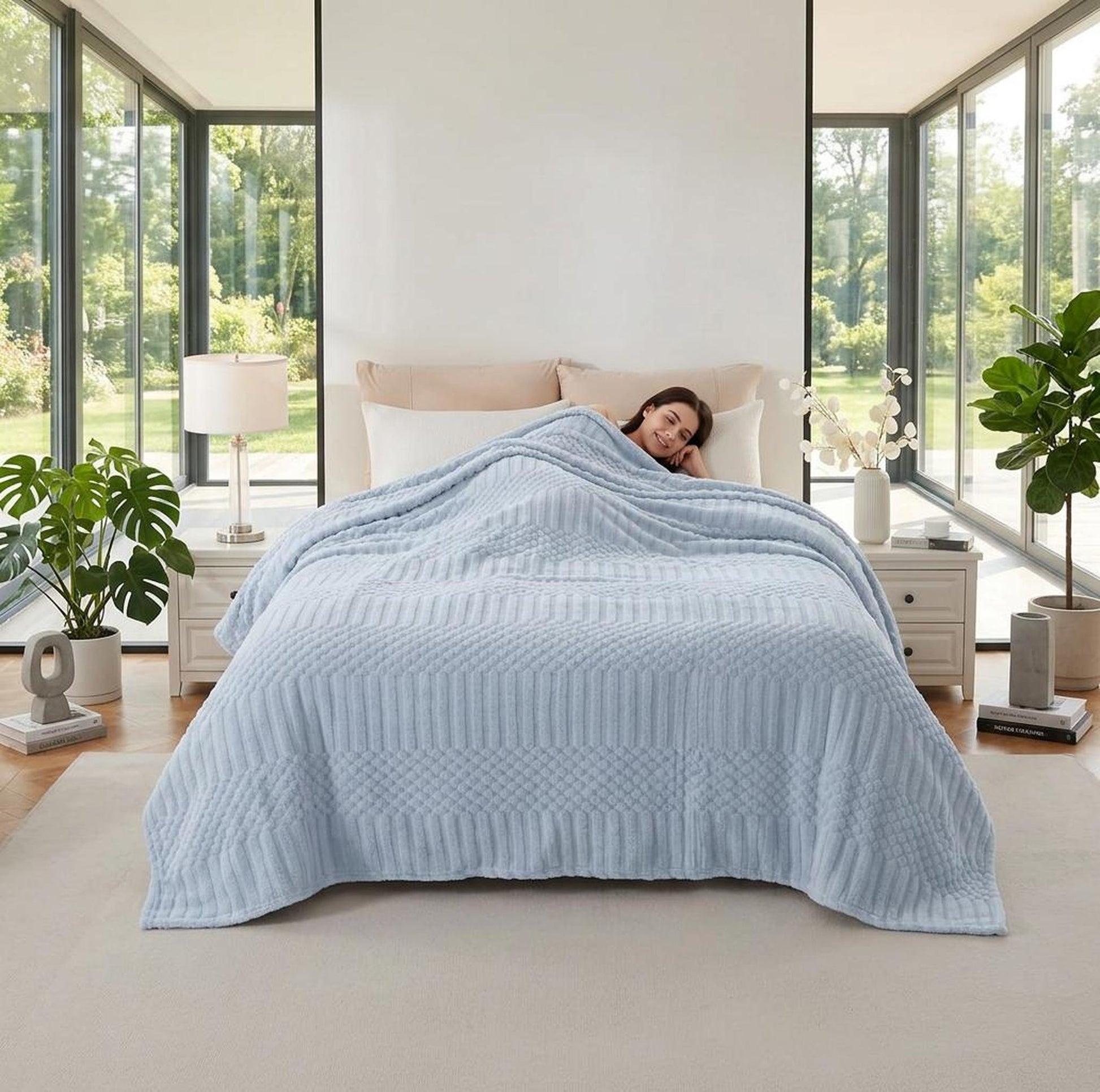 Soft light blue 50x70 inch fleece throw blanket with textured geometric patterns on a bed in a bright room.