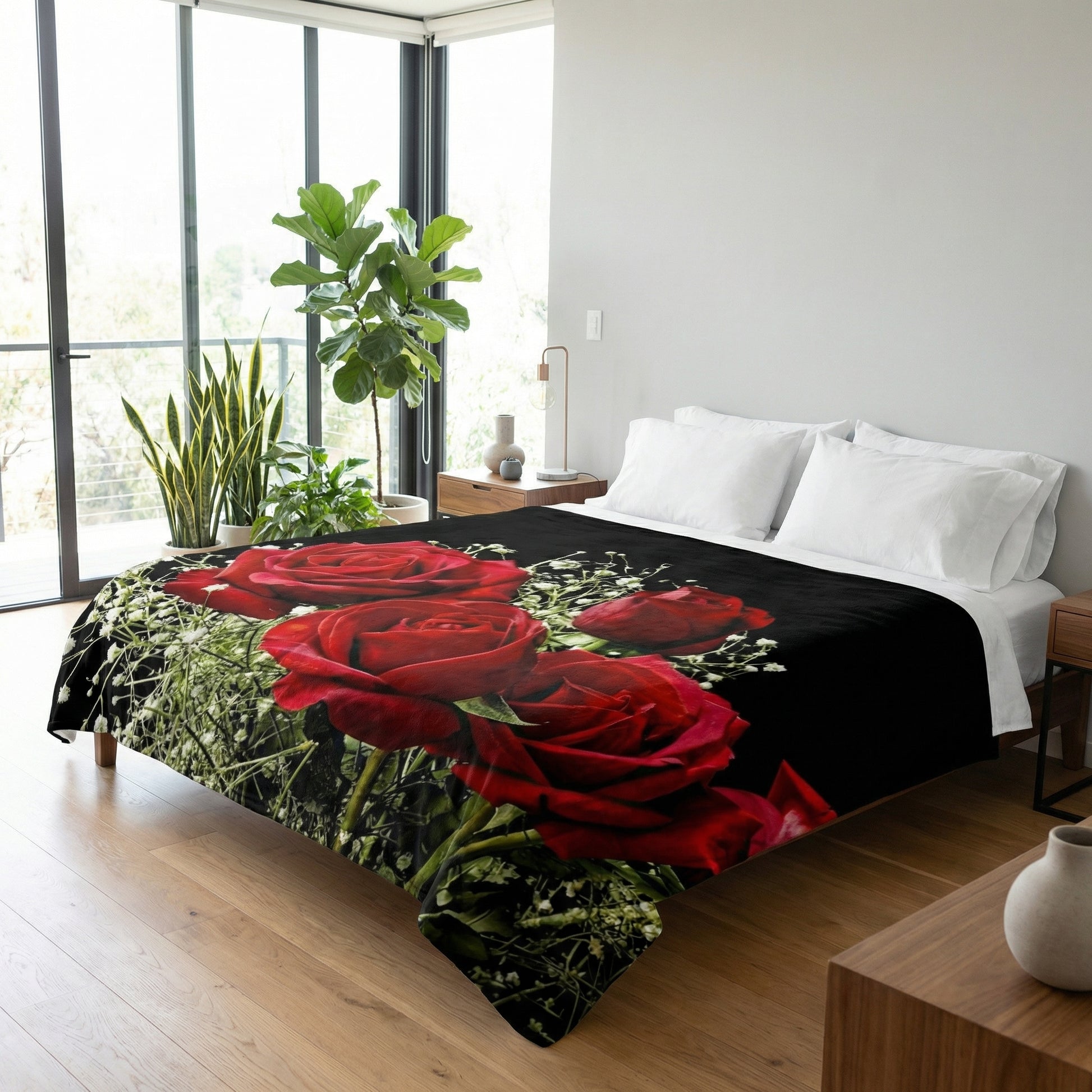Floral 3D print fleece blanket with vibrant red roses and babysbreath on a black background, draped on a bed.