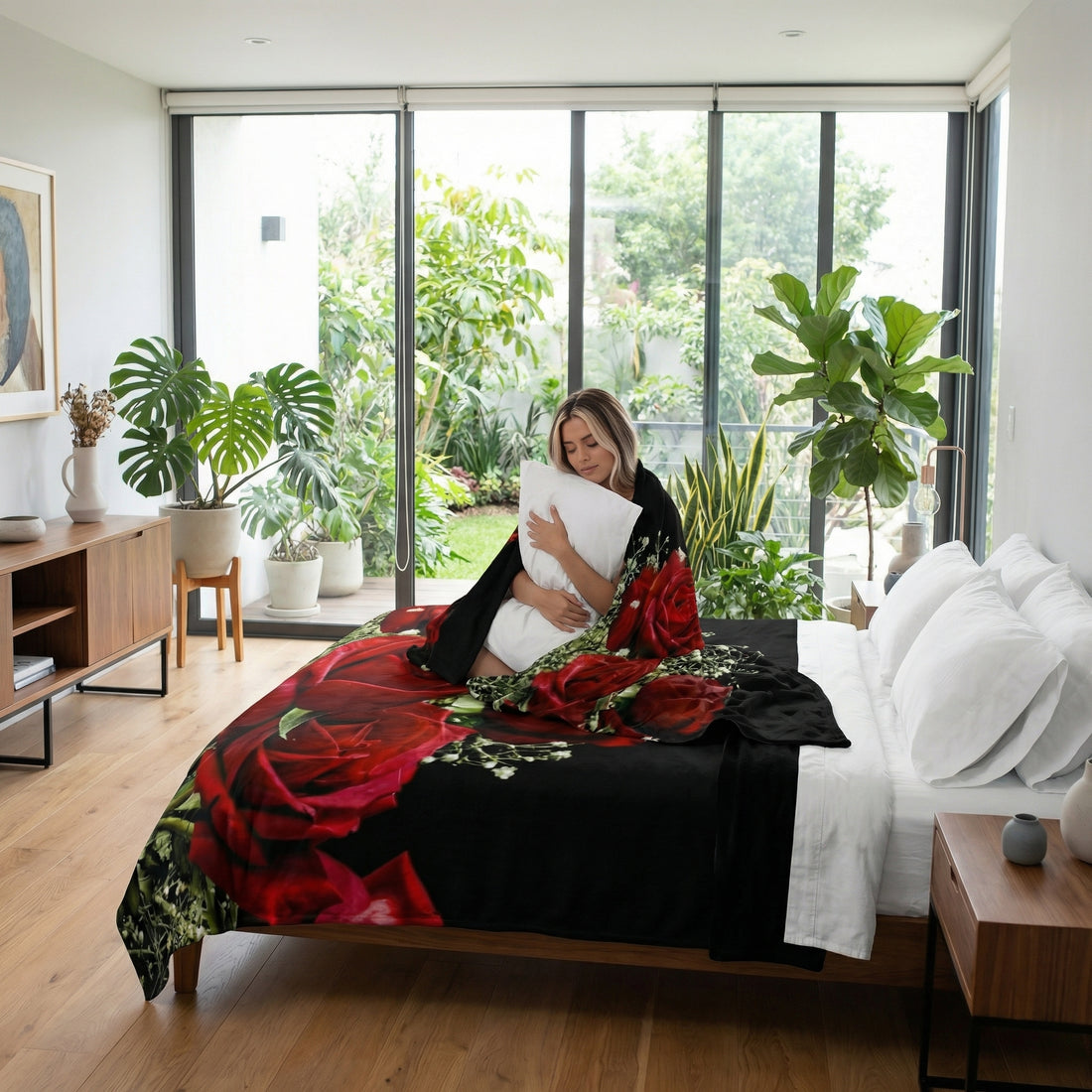 Woman on bed with a black fleece blanket featuring a vibrant 3D red rose and babysbreath floral print.