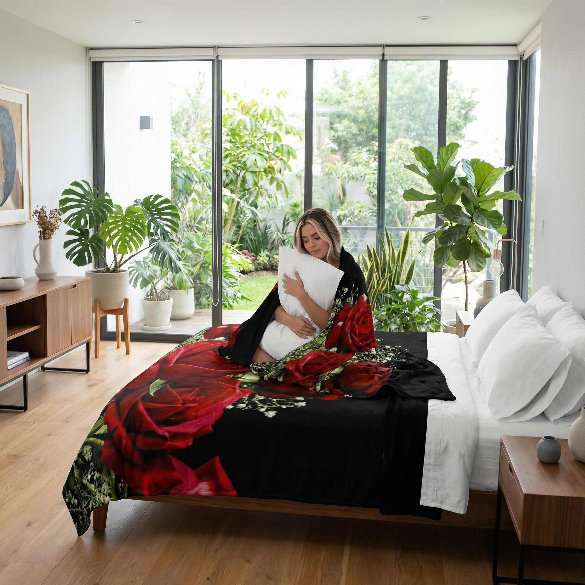 Woman on bed with a black fleece blanket featuring a vibrant 3D red rose and babysbreath floral print.