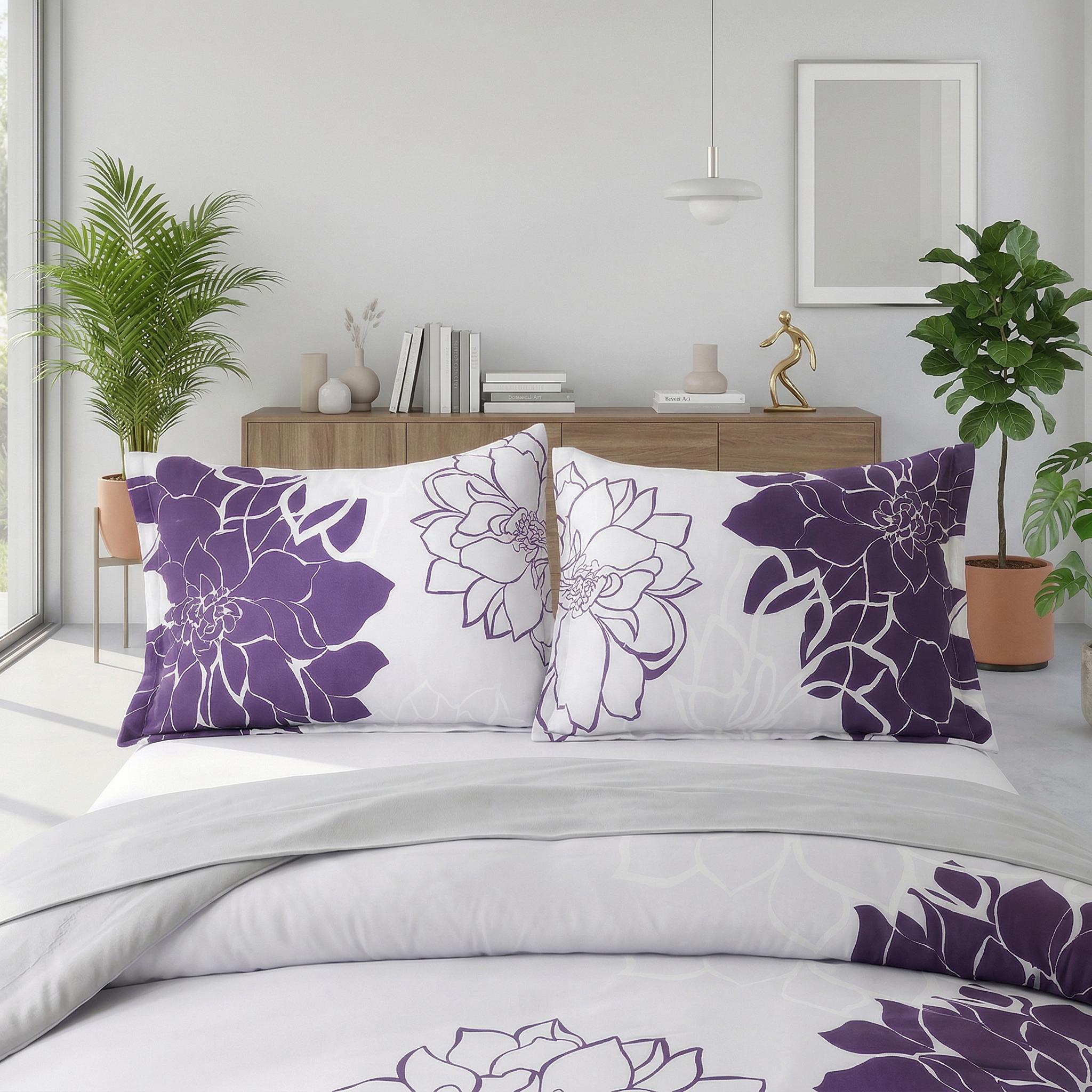 White and purple floral pinch pleat microfiber bedding set with sheets and pillowcases.