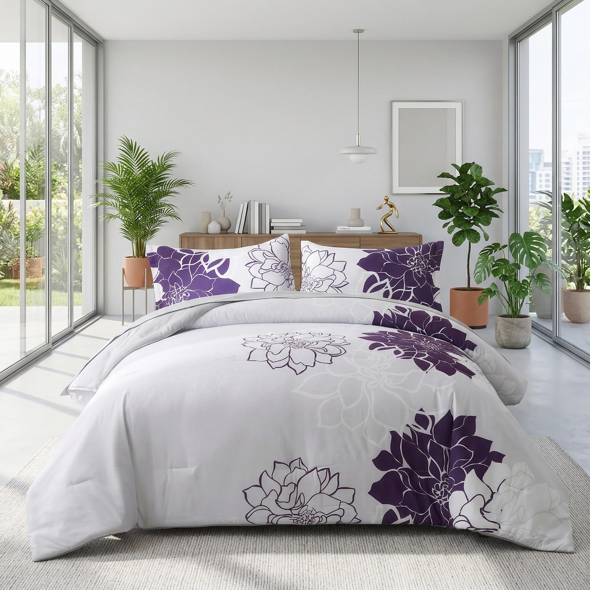 White and purple floral pinch pleat microfiber bedding set on a bed in a bright room.