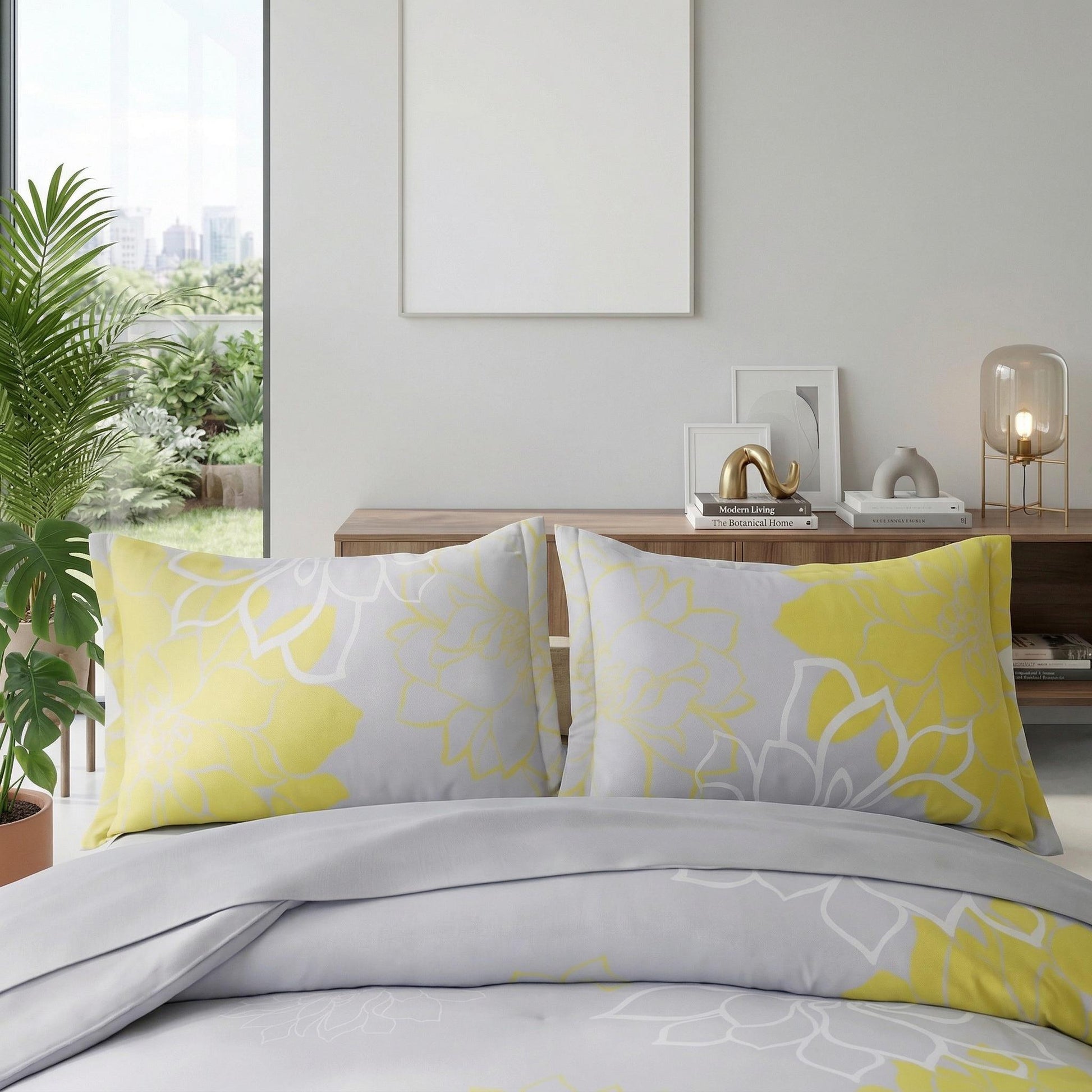 Gray and yellow floral pinch pleat microfiber bedding set with two pillowcases in a modern bedroom.