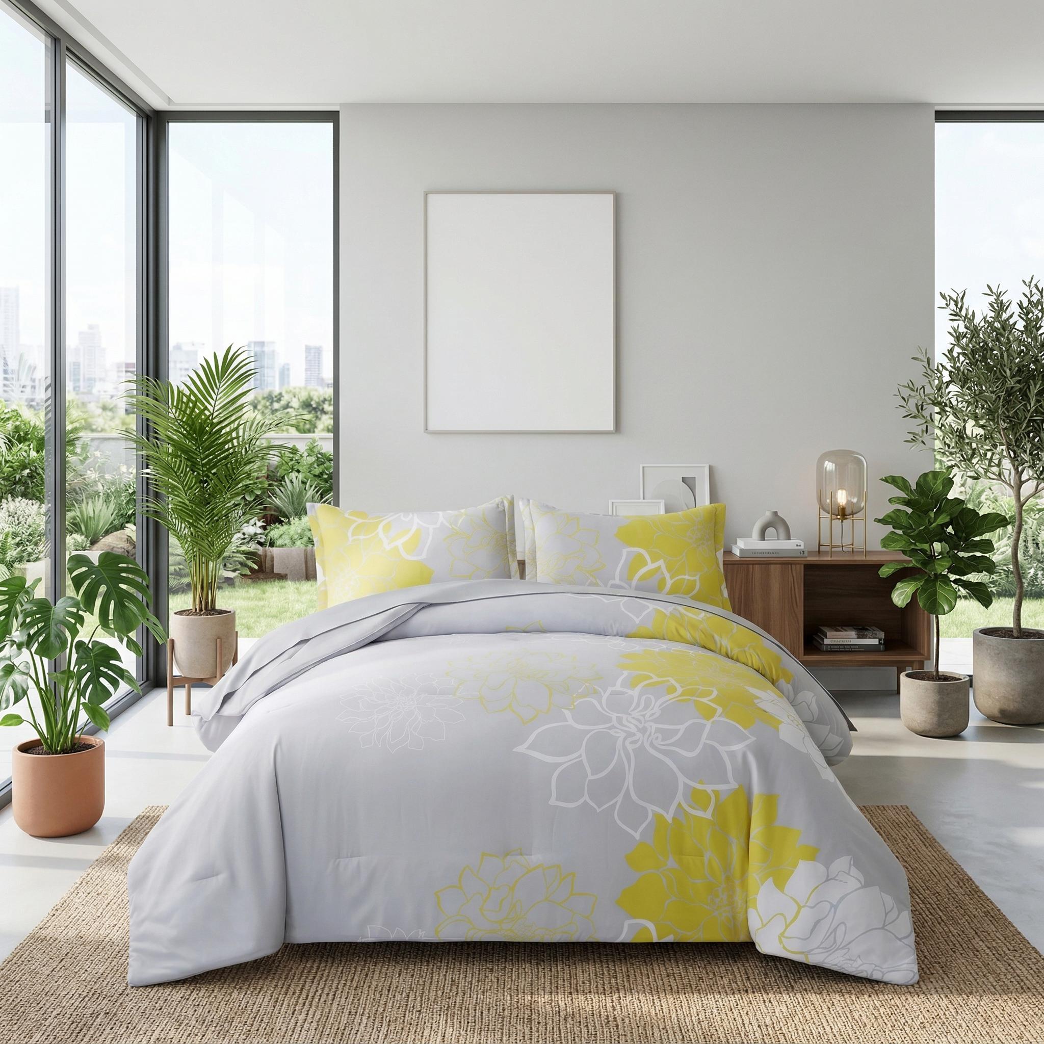 Gray and yellow floral pinch pleat microfiber bedding set with comforter and pillowcases in a modern bedroom.