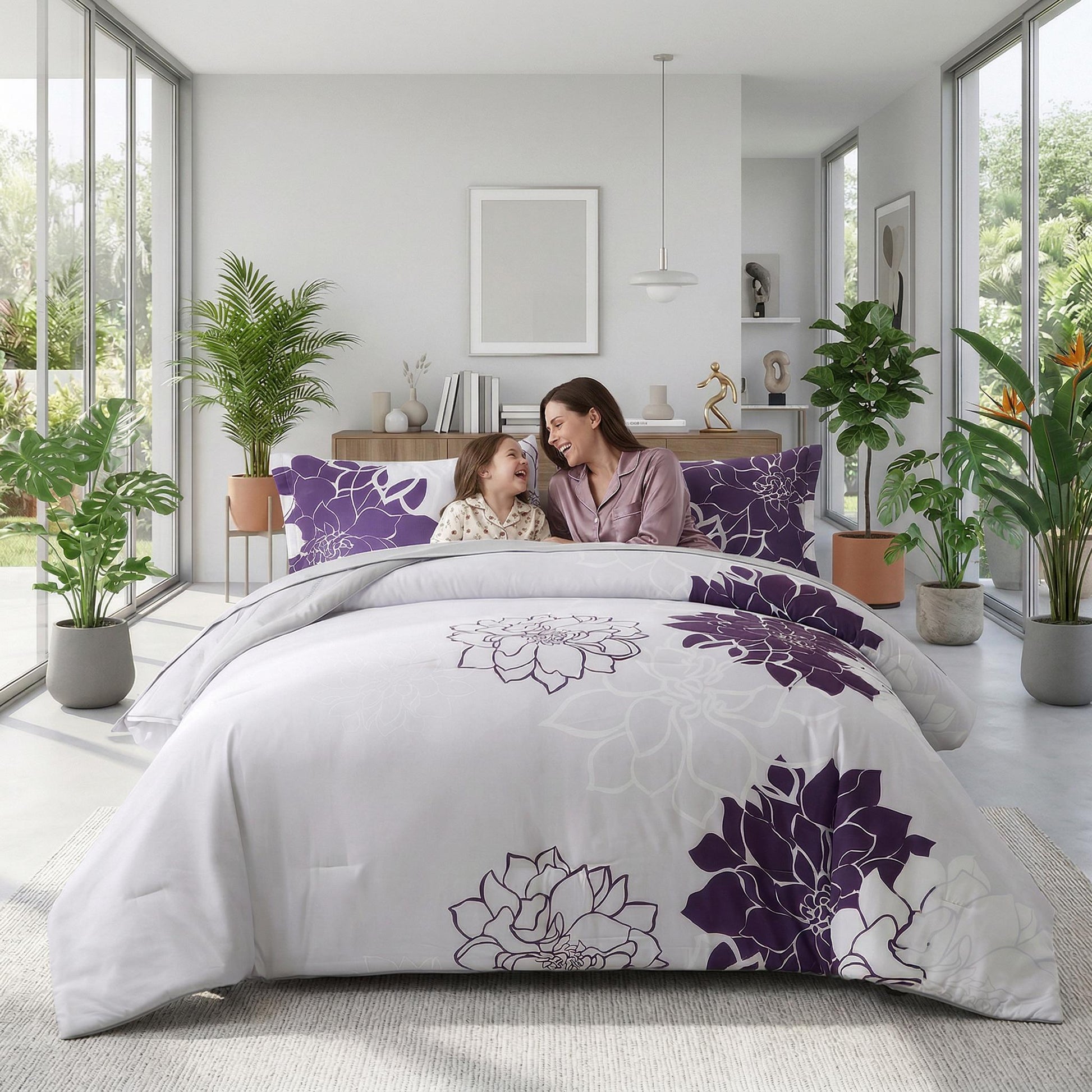 White and purple floral pinch pleat microfiber bedding set on a bed with a mother and child.