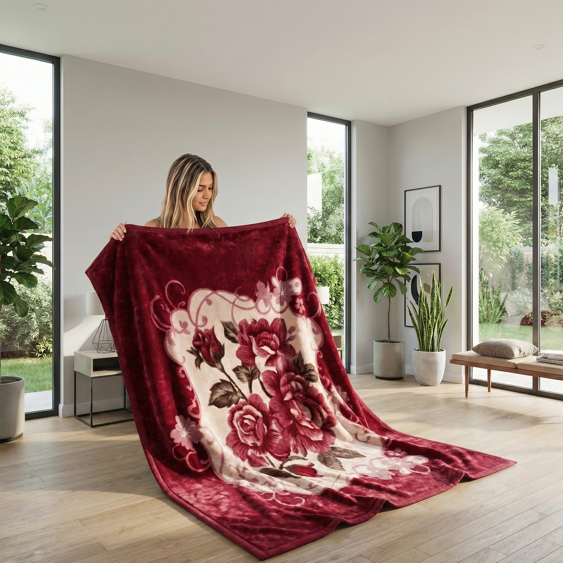 Woman holding a red microfiber fleece throw blanket with a large floral design.