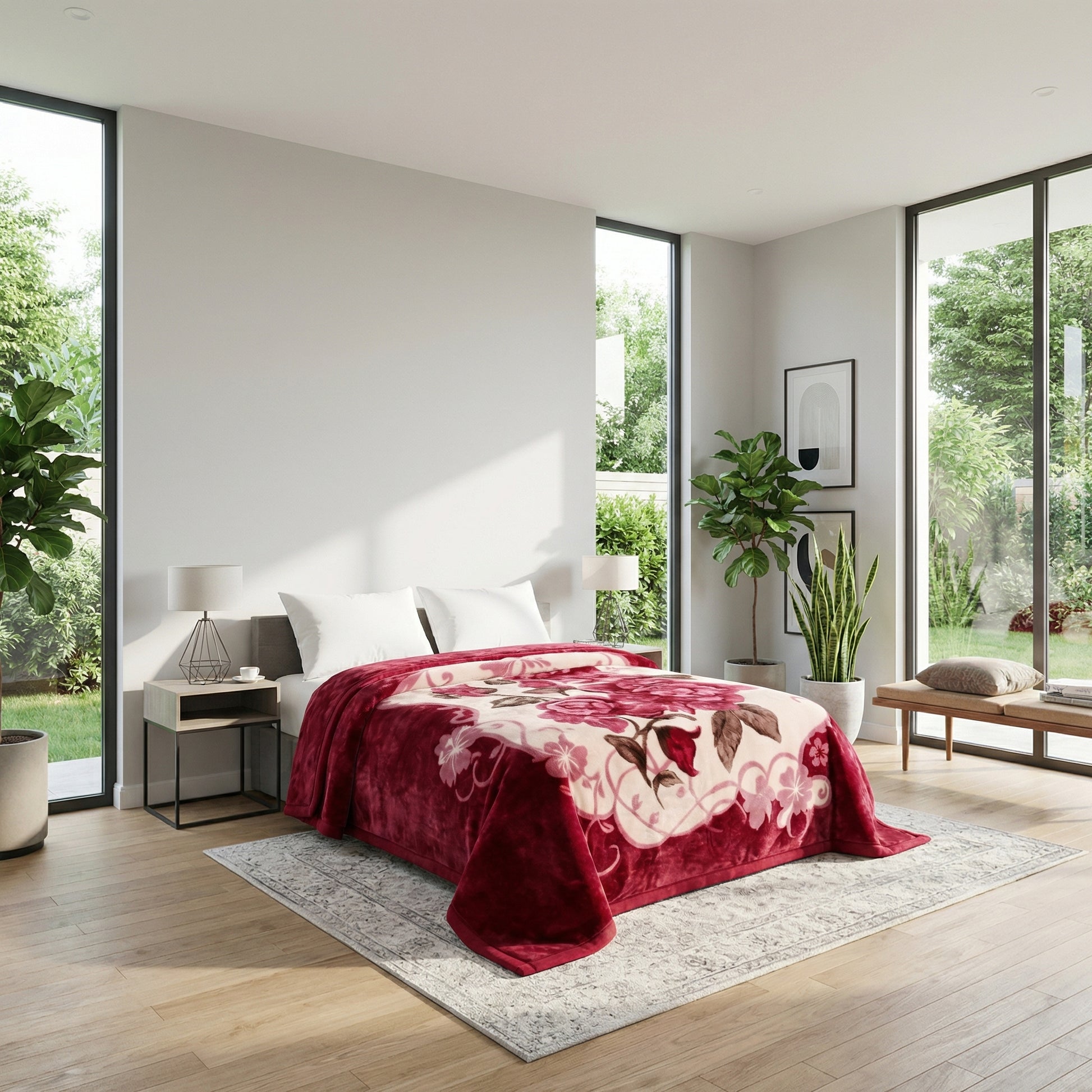 Red microfiber fleece throw blanket with a large floral design on a bed in a bright bedroom.