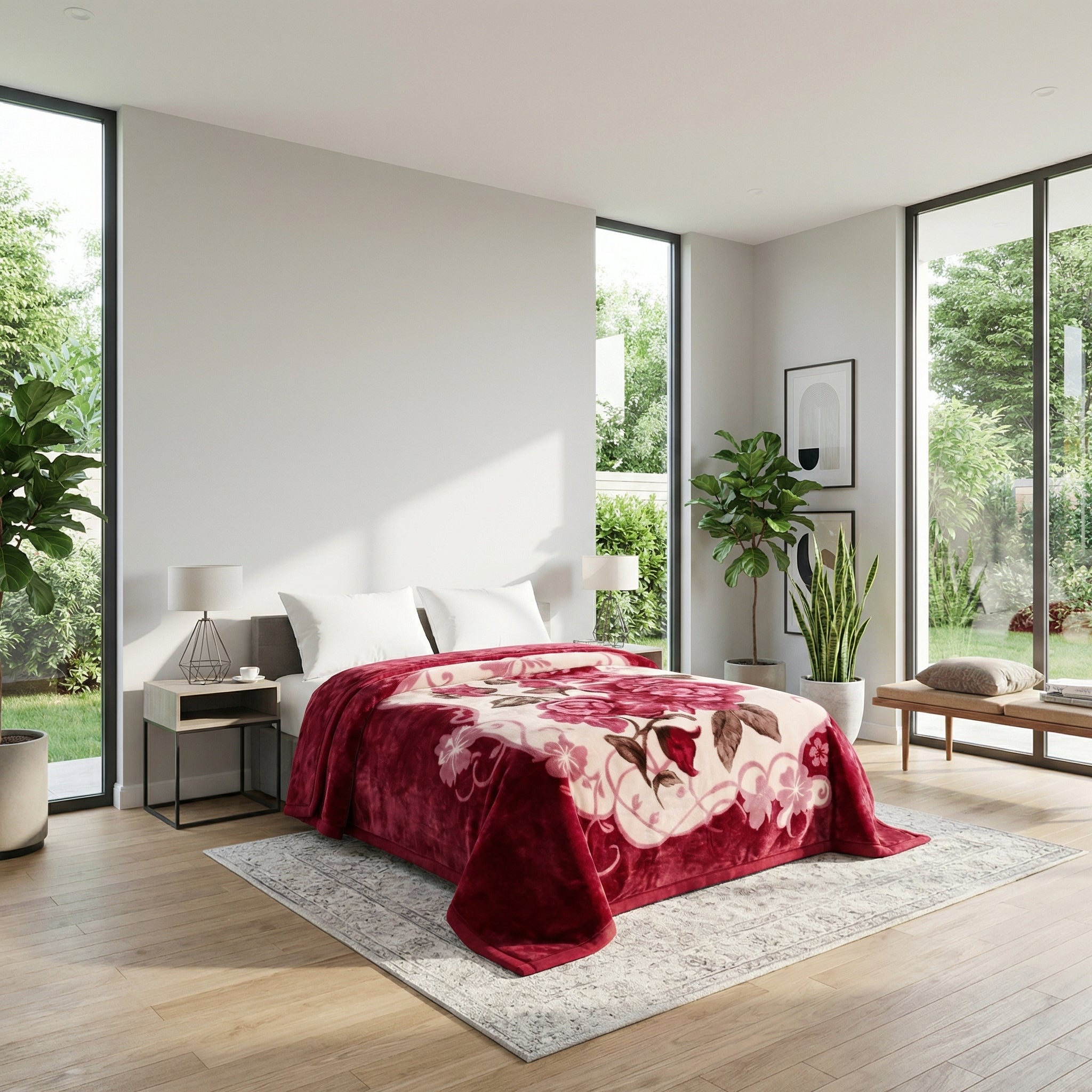Red microfiber fleece throw blanket with a large floral design on a bed in a bright bedroom.